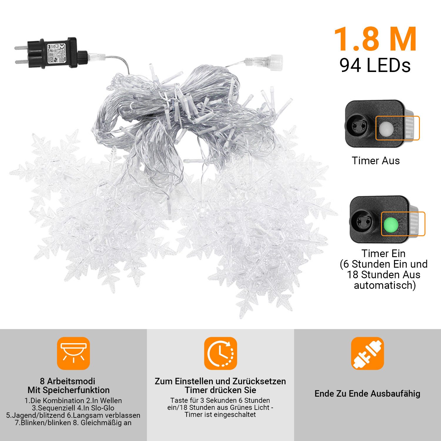Jibenhome LED-Lichterkette Schneeflocke Lichtervorhang 8 Modi, günstig online kaufen