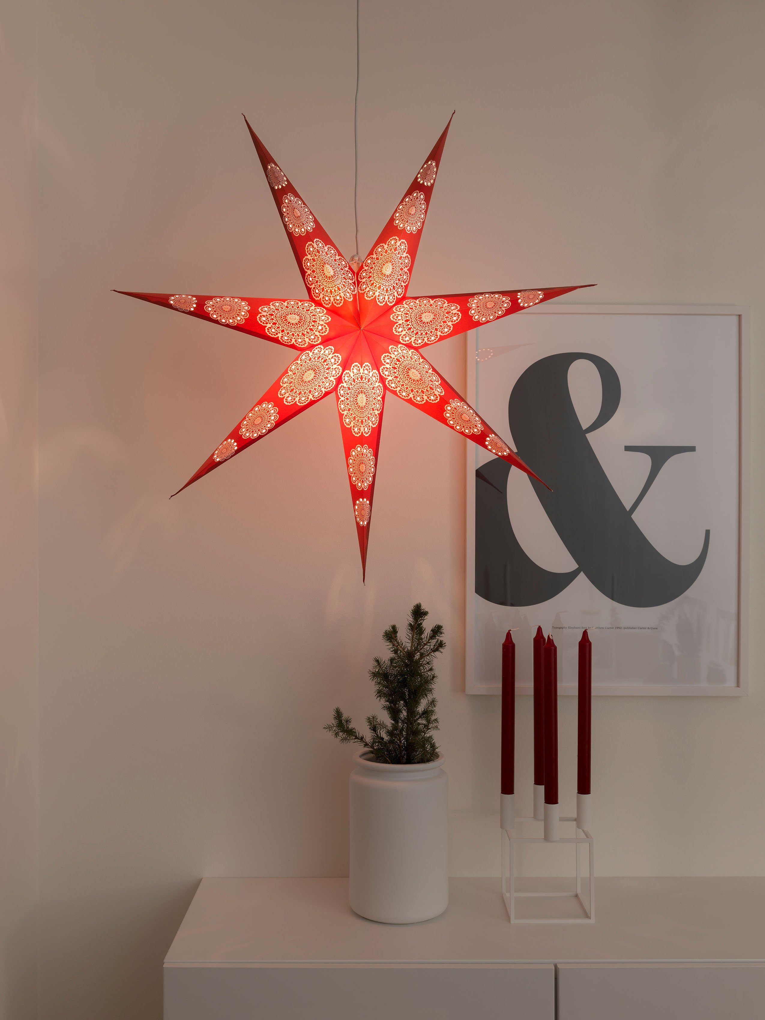 Weihnachtsstern, St., KONSTSMIDE Weihnachtsdeko 1 roter Zacken Dekostern Stern, LED 7 Papierstern, rot,