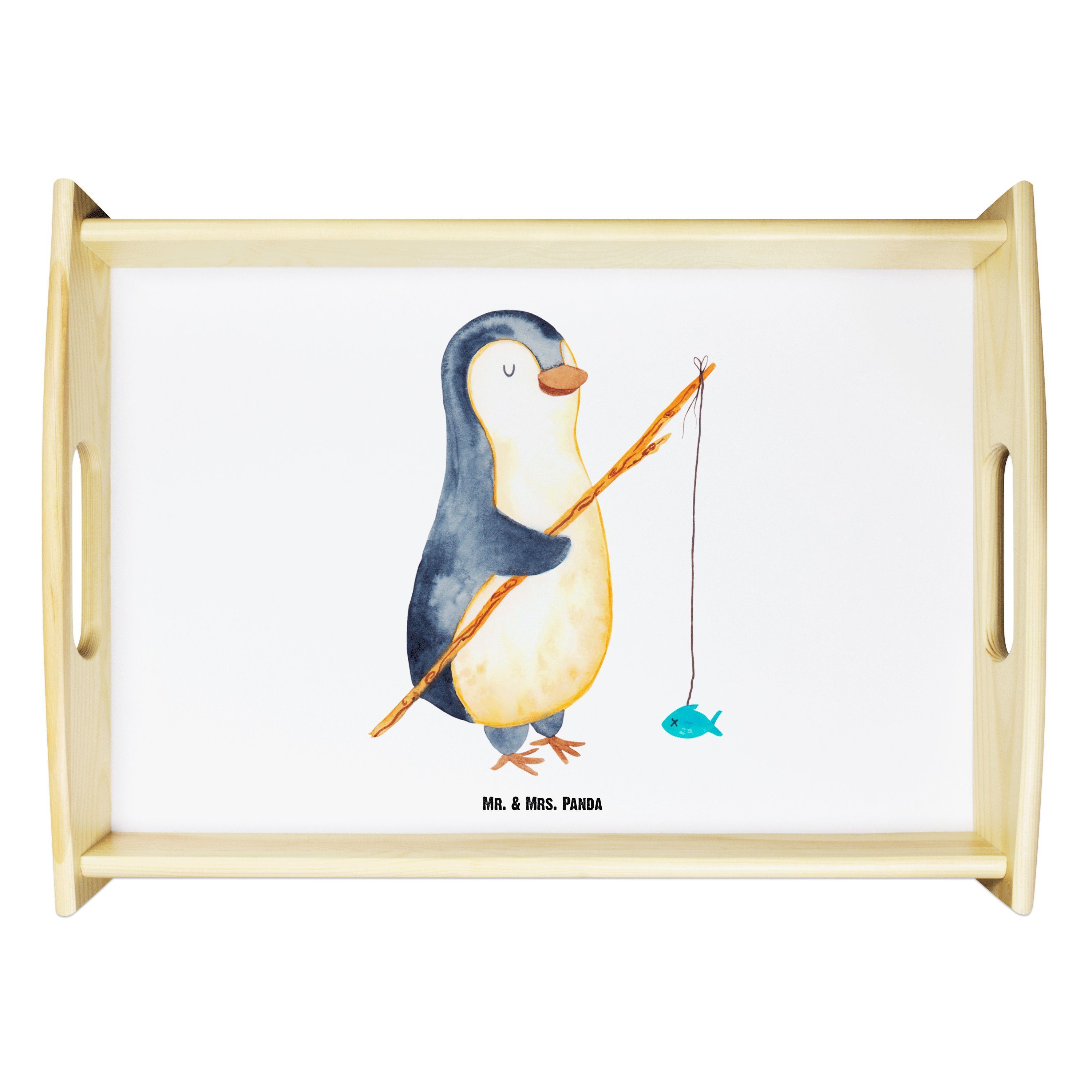 Mr. & Mrs. Panda Tablett Pinguin Angler - Weiß - Geschenk, Motivation, Dekotablett, Tagträume, Echtholz lasiert, (1-tlg)