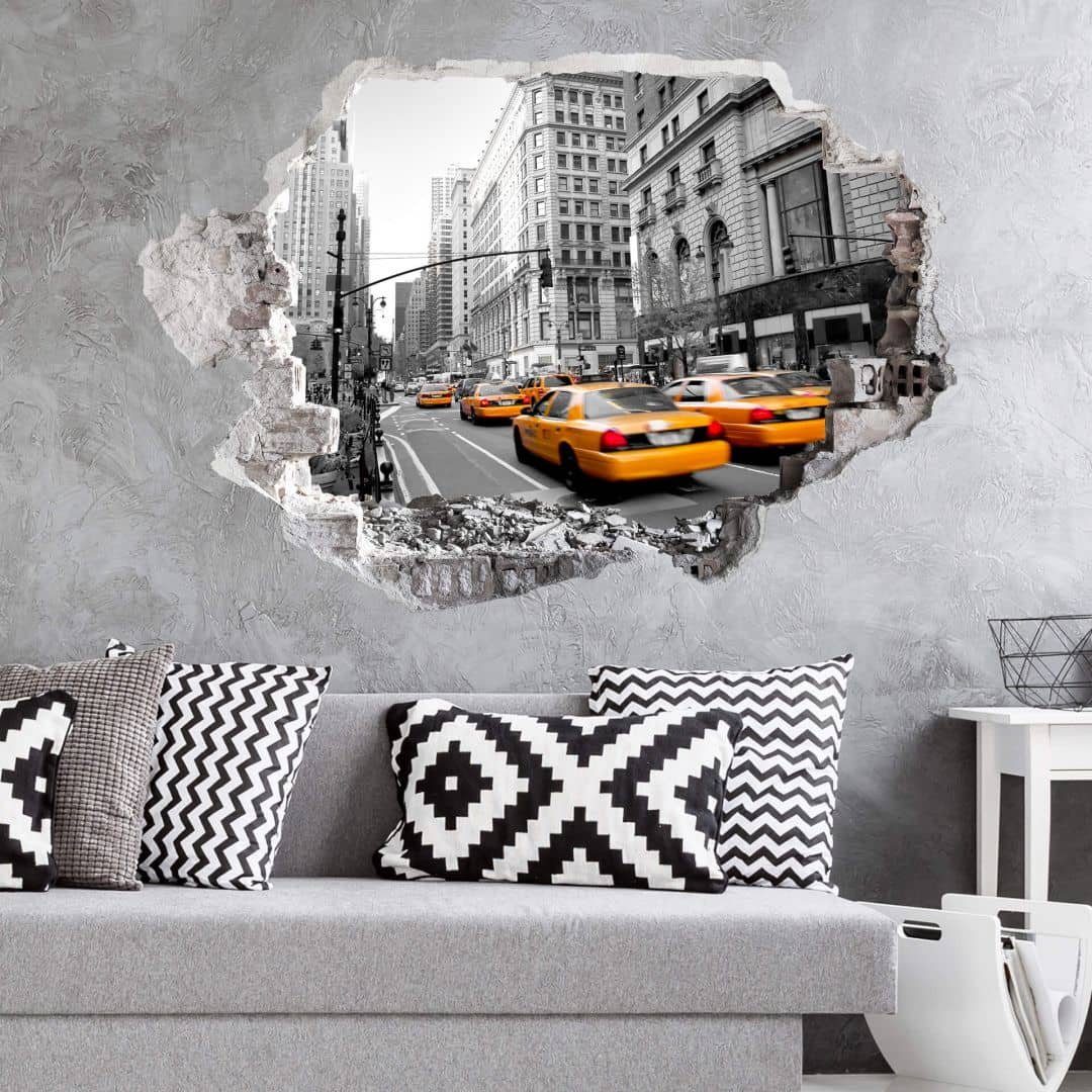 K&L Wall Art Wandtattoo 3D Wandtattoo USA Vintage Stadt Wandsticker Taxi Cabs in Manhattan, Mauerdurchbruch Wandbild selbstklebend