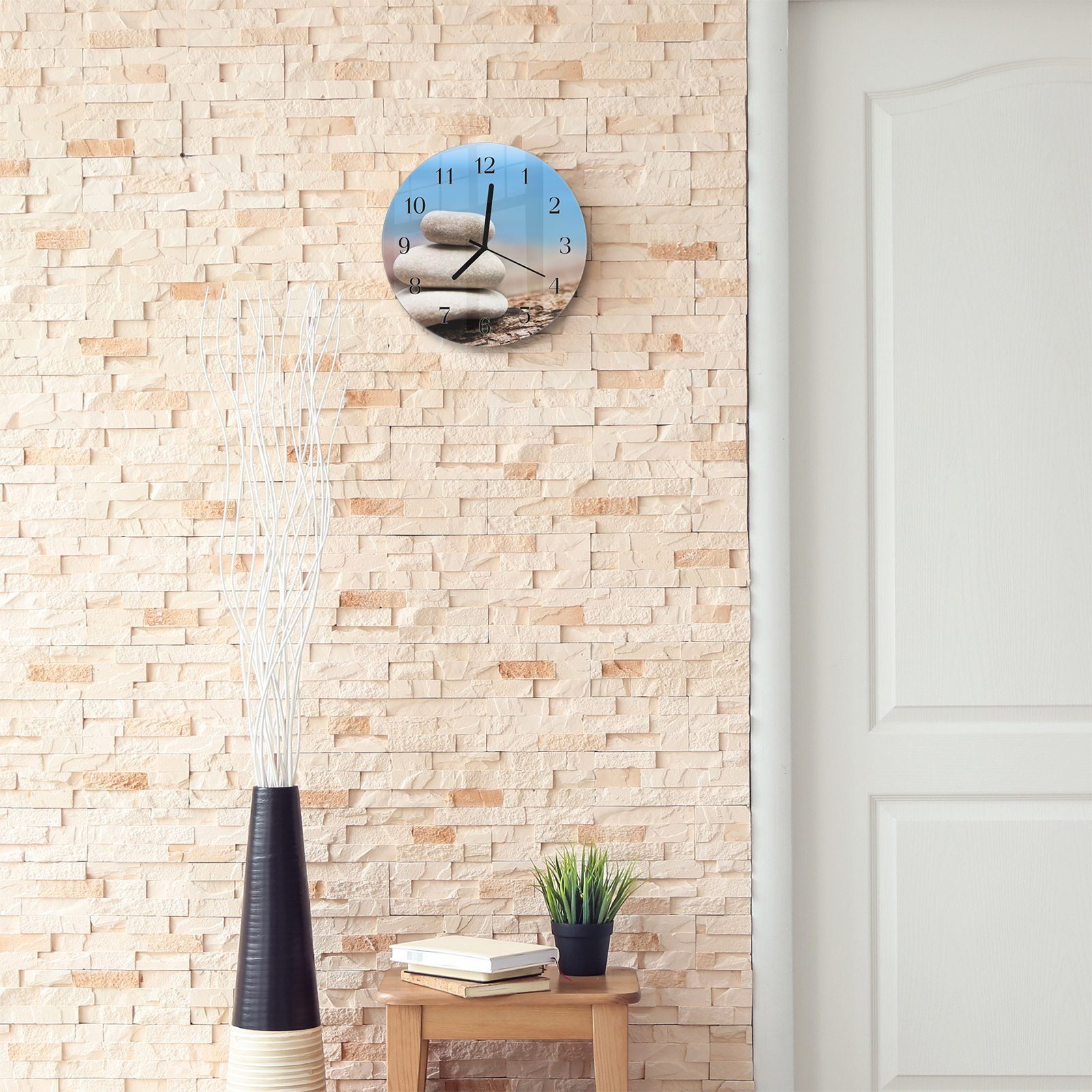 Primedeco Wanduhr - Rund Glas aus cm Durchmesser mit Steine Wanduhr Quarzuhrwerk Motiv und 30 mit