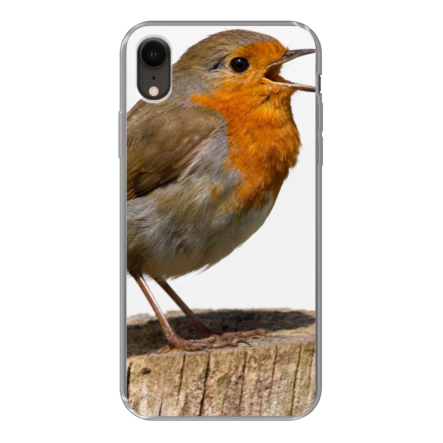MuchoWow Handyhülle für Apple iPhone XR Rotkehlchen - Vogel - Holz, Smartphone-Bumper, Print, Handy Schutzhülle Dünn