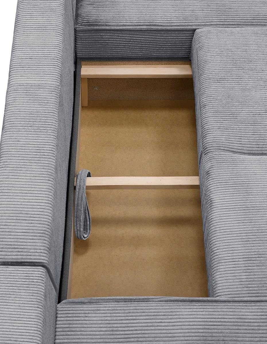 und Eckcouch für aus U-Form Schlaffunktion Polsterecke Bettkasten Beautysofa Cordstoff, mit 55) Wohnzimmer, Hellgrau Ecksofa U, (poso Primo