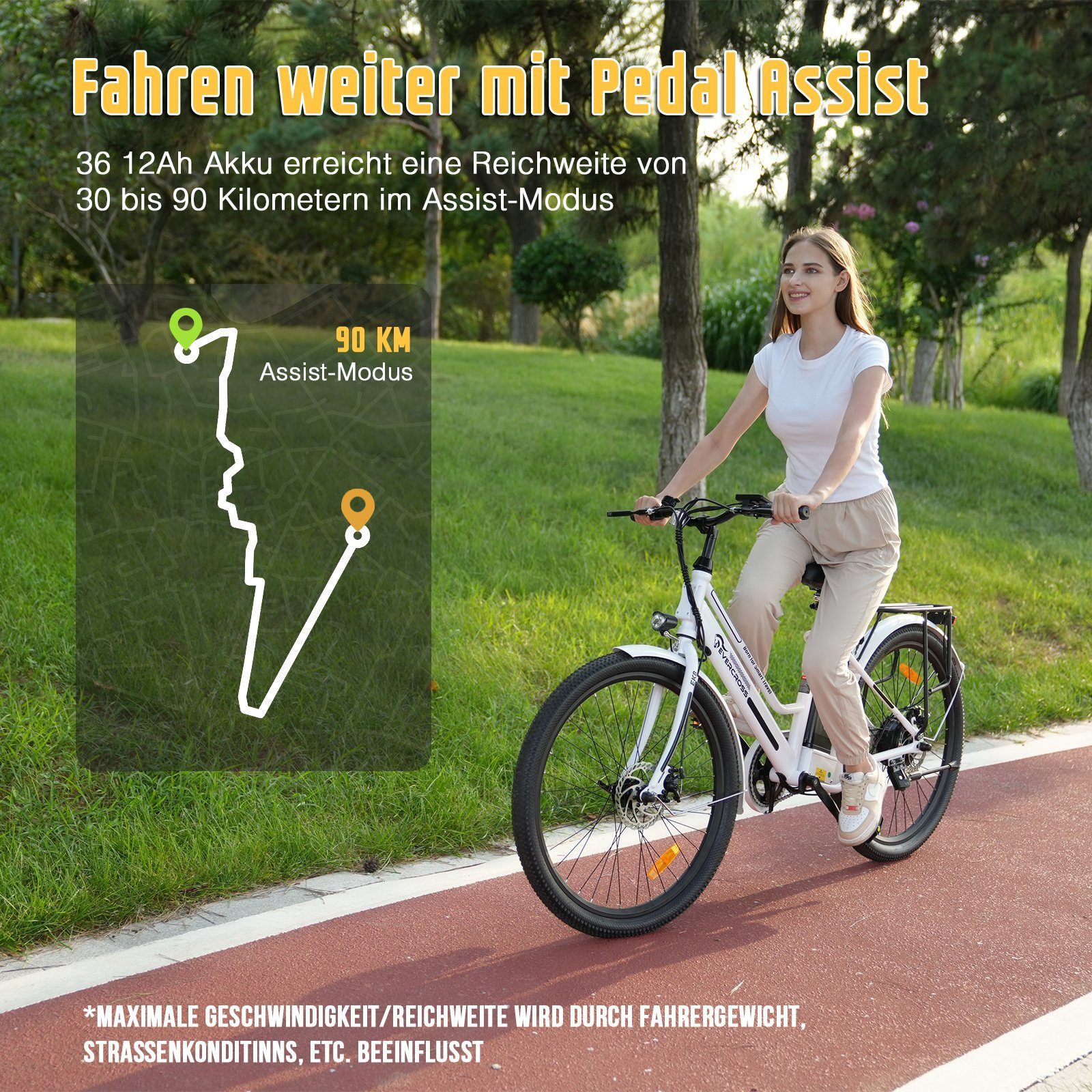 Evercross E-Bike EK8S, Assist 12Ah Zoll Pedal KM/H, Max. mit für 15/20/25 Damen Belastung Elektrofahrräder Herren 250W 3 Motor, 36V 120KG Akku Weiß 26 Gang