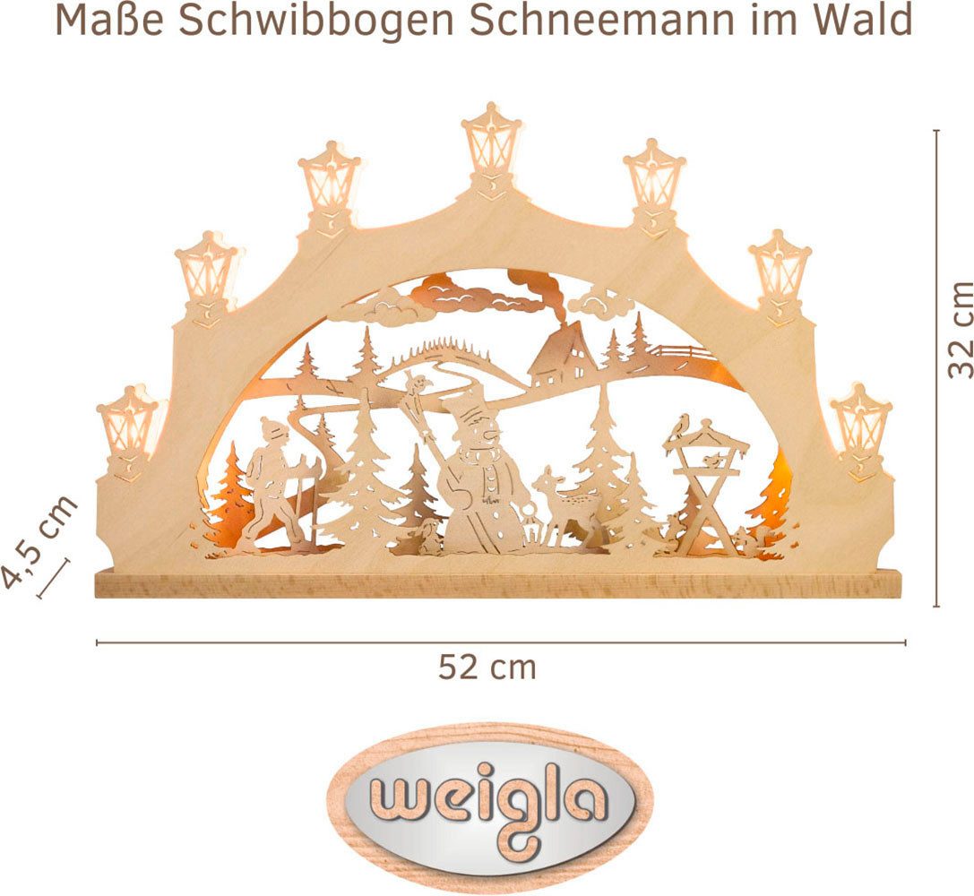 Weigla Schwibbogen Schneemann im Wald, Lichterbogen aus Holz, NATUR, Made in Germany (1-tlg), Erzgebirge garantiert, Weihnachtsdeko Innen, Weihnachtsbeleuchtung