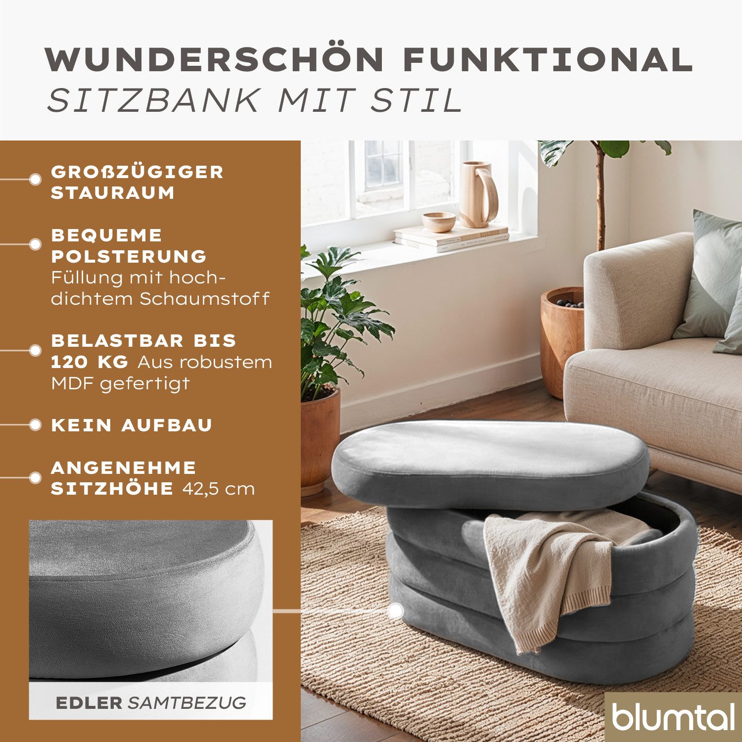 Blumtal Sitzhocker Hocker mit Stauraum mit Bouclé oder Velvet-Bezug, robust günstig online kaufen