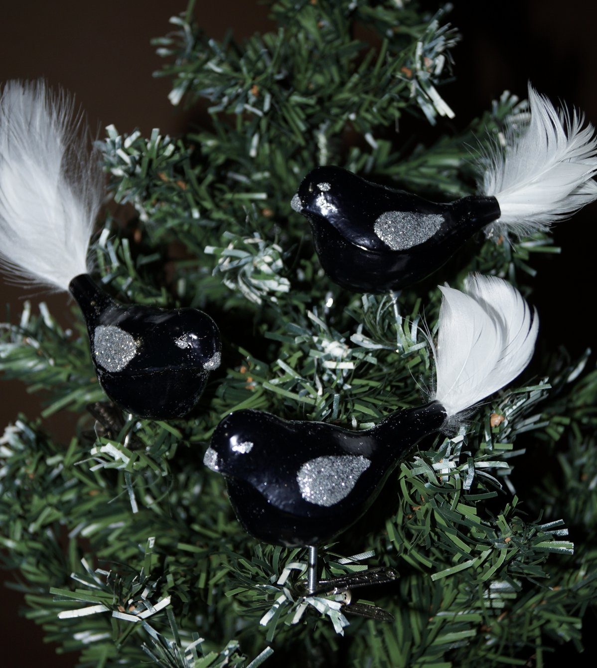 Christbaumschmuck 3 tlg. Glas Vogel Set in "Hochglanz-Schwarz-Silber"
