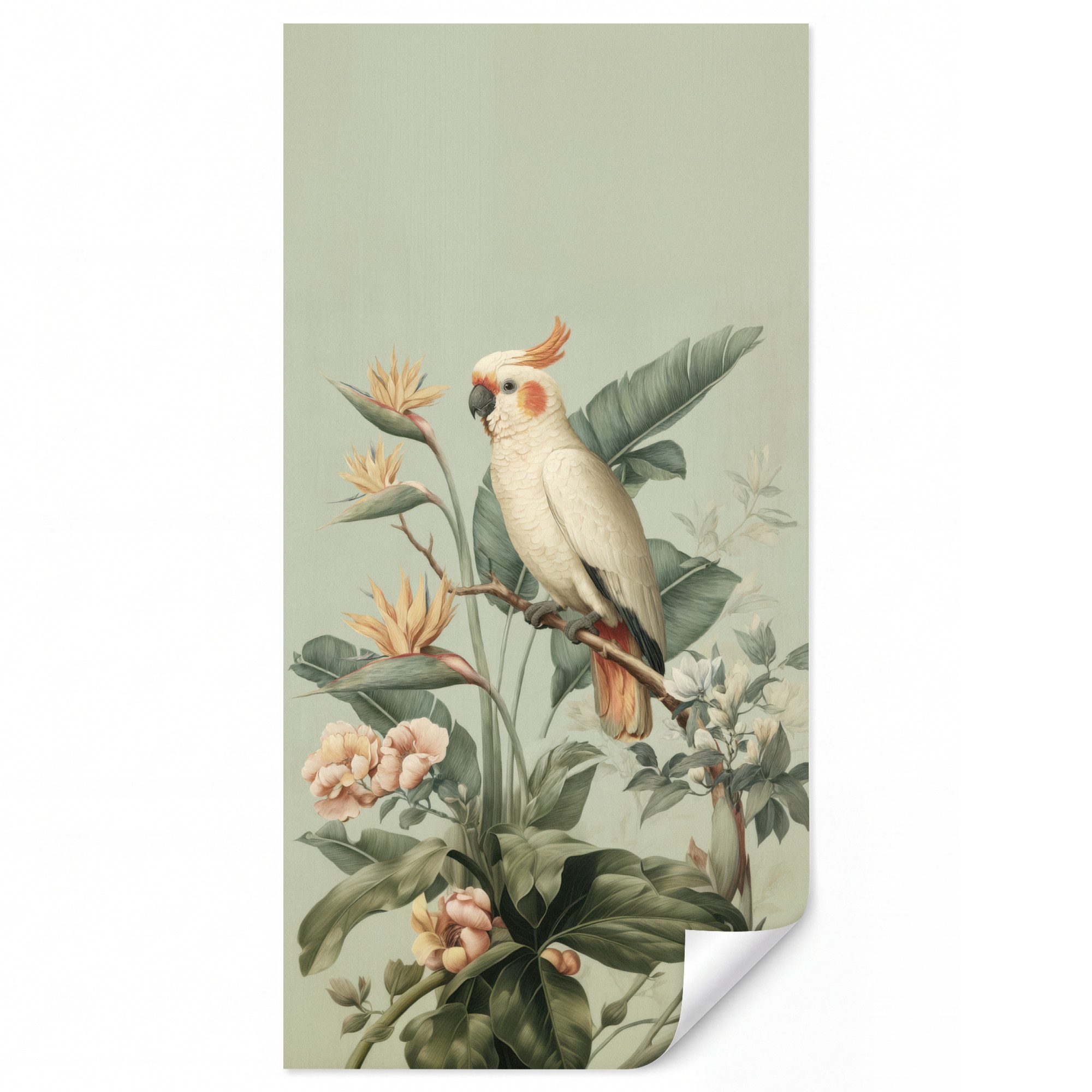 OnlyWow Fototapete Gelbhaubenkakadu - Paradiesvogel Blumen - Grün, Matt, bedruckt, Wandtapete, Schlafzimmer, bedruckt 100x220cm