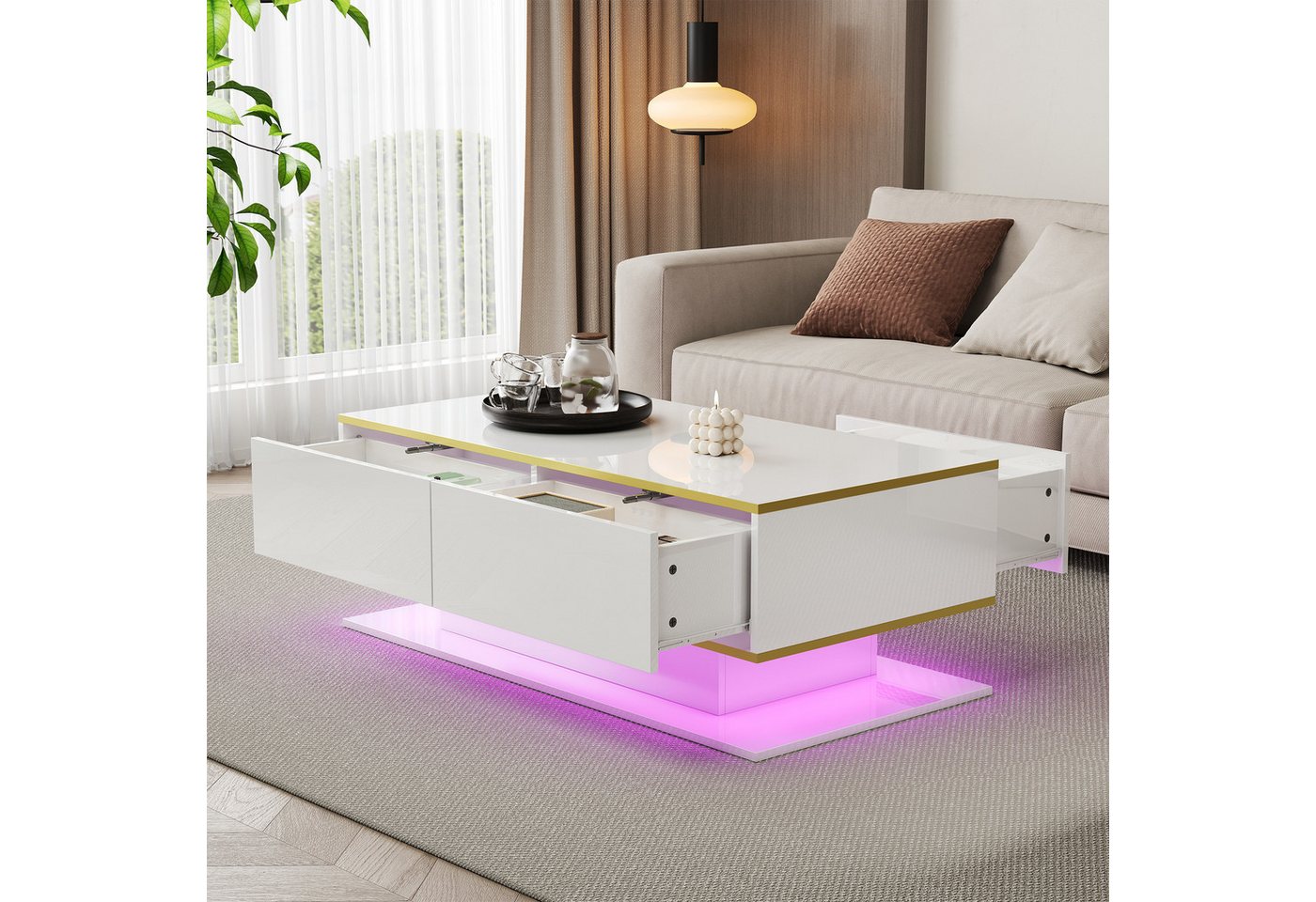 Merax Couchtisch hochglanz Sofatisch Beistelltisch mit LED-Beleuchtung (1-St), Wohnzimmertisch mit 3 Schubladen, Stauraum & Goldakzenten, 100x50x40cm