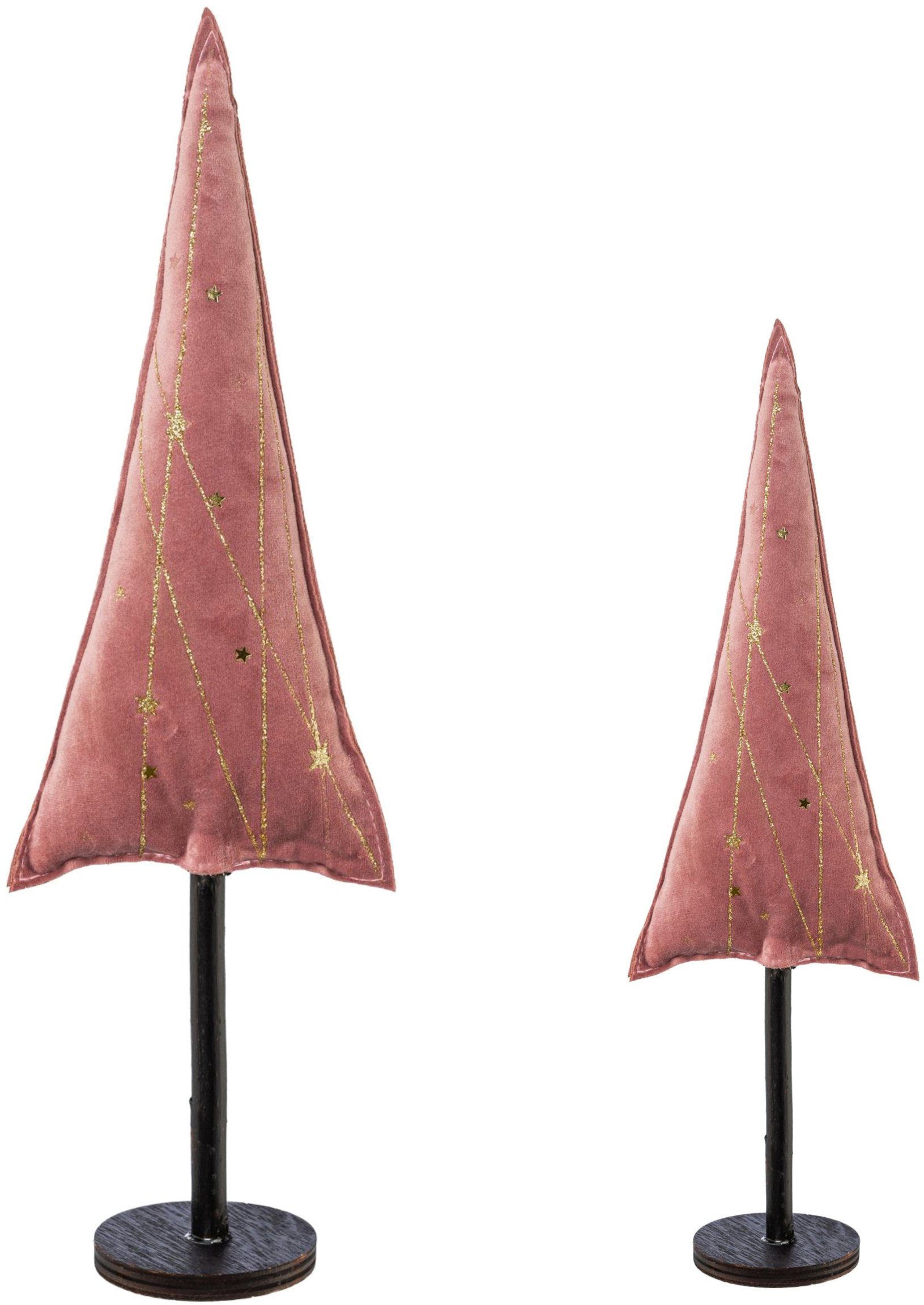 Creativ deco Dekobaum Weihnachtsdeko (Set, 2 St), aus Samtstoff mit Applikationen in 2 Größen: 30x9 cm, 40x13 cm
