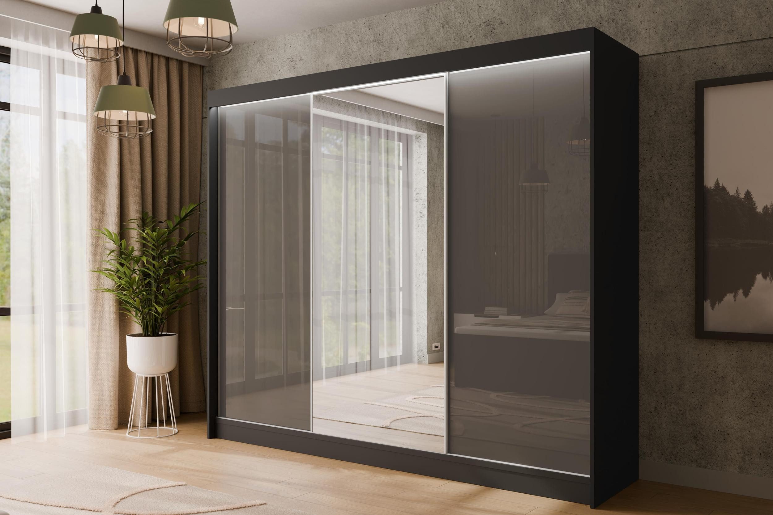 ALTDECOR Schiebetürenschrank VESLI (Kleiderschrank Garderobenschrank mit viel Stauraum Moderner Schrank) Spiegel Spiegeltüren Vielseitiger Schwebetürenschrank LED Beleuchtung