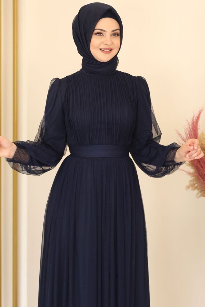 Modavitrini Abendkleid Tüllkleid Hijab Damenkleid Navy-Blau Abaya Kleid Langärmliges Maxikleid Abiye