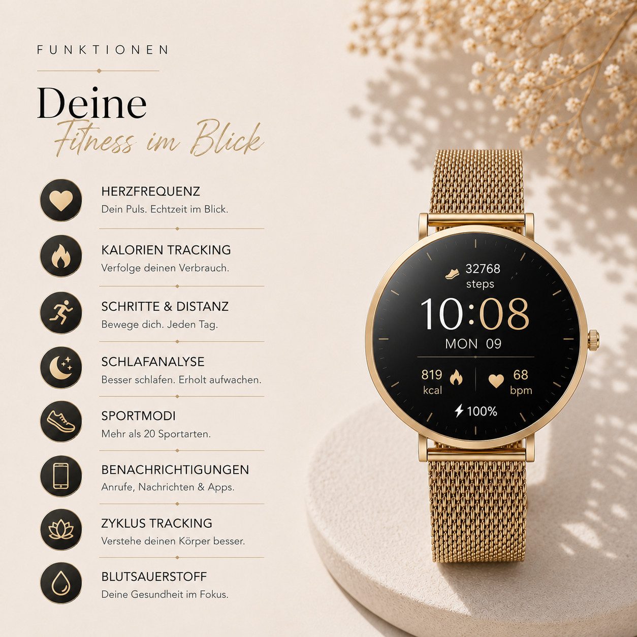 XCOAST SIONA 2 NANO - ultra kleine Damen Smartwatch (3,7 cm/1,19 Zoll, iOS und Android) Filigran, Frauen Armbanduhr, Fitnesstracker, 1-tlg., Fitness Tracker, Damenuhr, 7 Tage Akku, Wasserdicht, Puls, Blutdruck, Blutsauerstoff