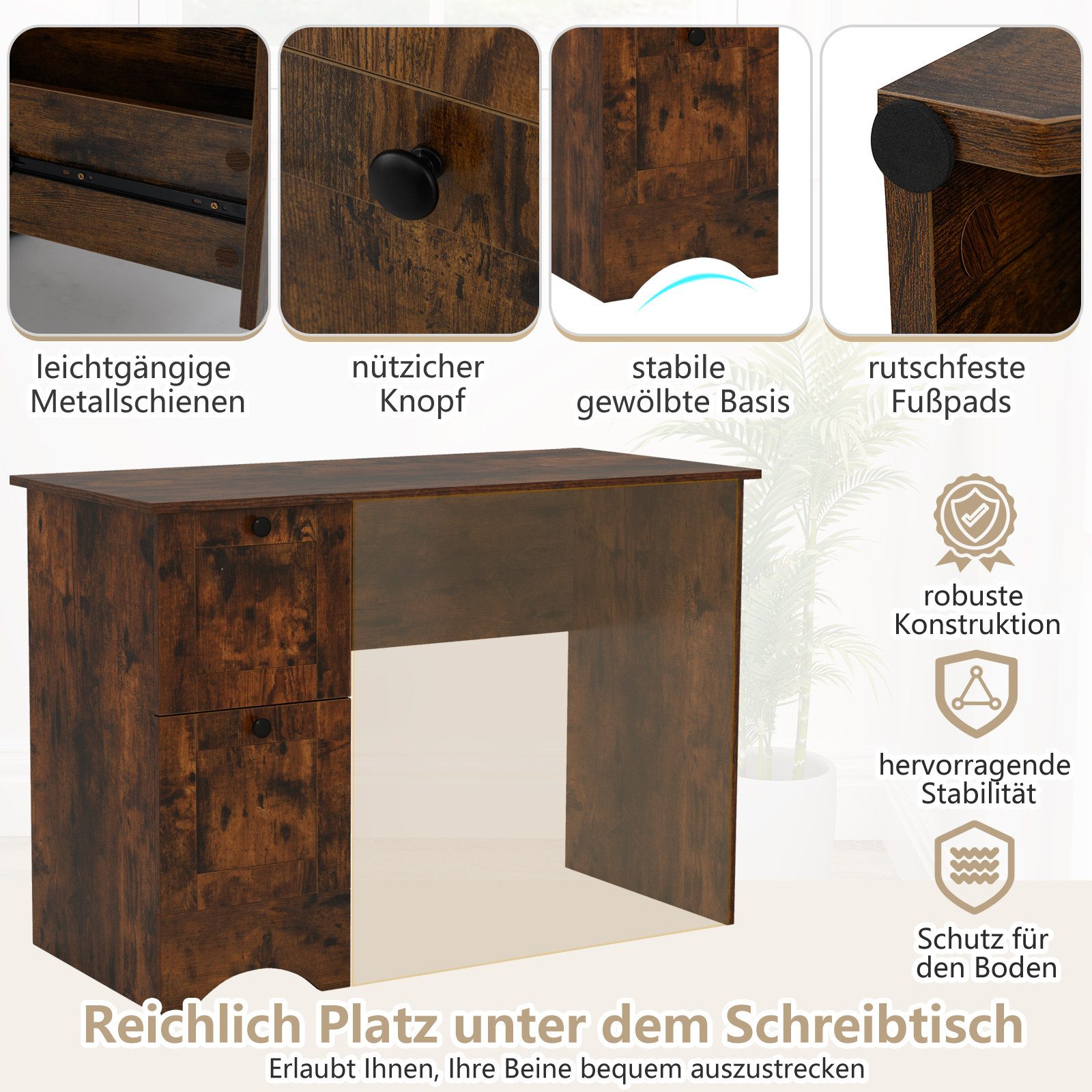 KOMFOTTEU Schreibtisch Computertisch, aus Holz mit 2 Schubladen, 109 x 50 x 75 cm