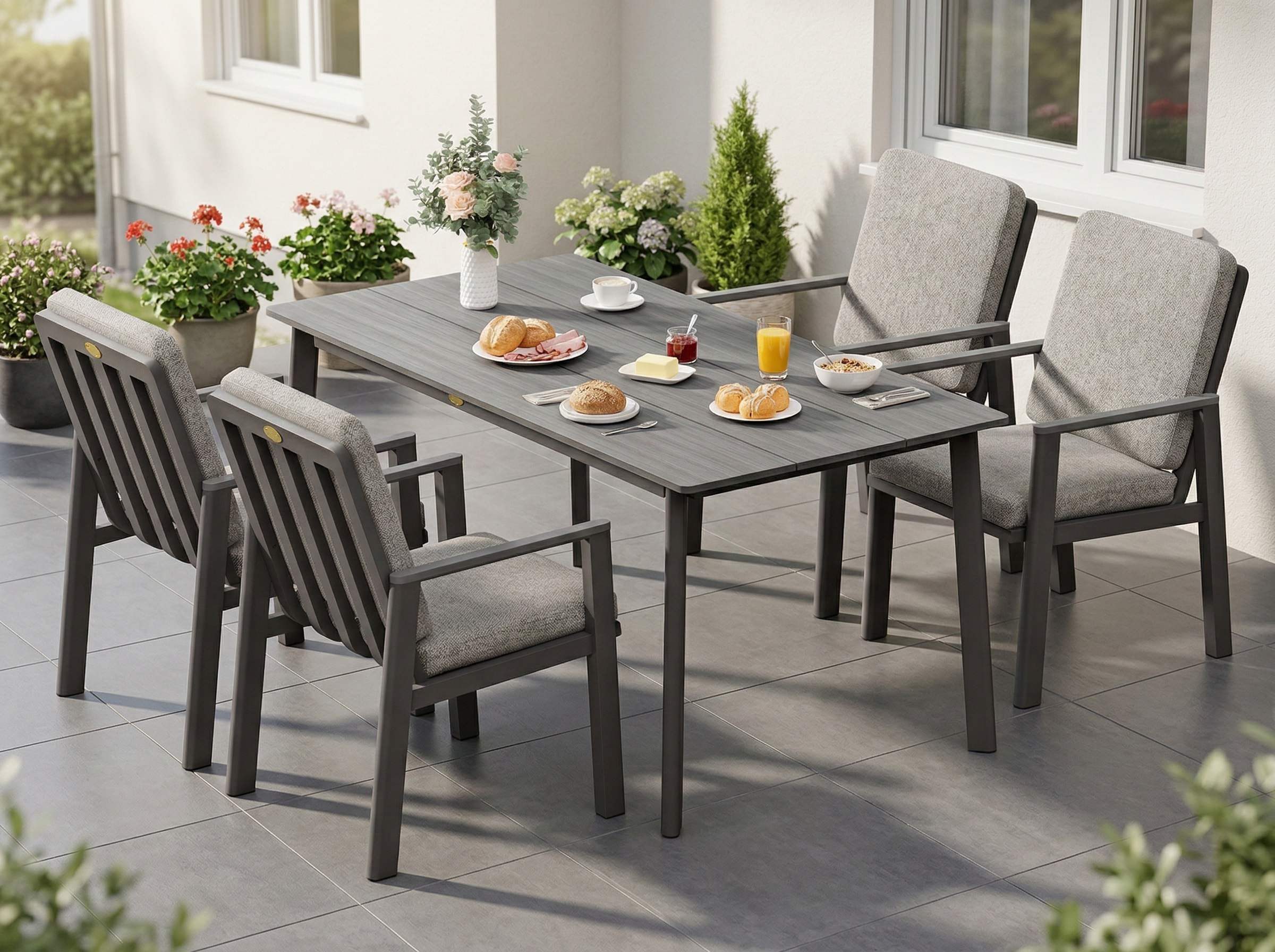 MeXo Gartenlounge-Set Aluminium Gartenmöbel Set, (150 x 80 cm Gartentisch, 5-tlg., mit 4 Stühlen), wetterfeste Essgruppe für Terrasse Balkon Garten