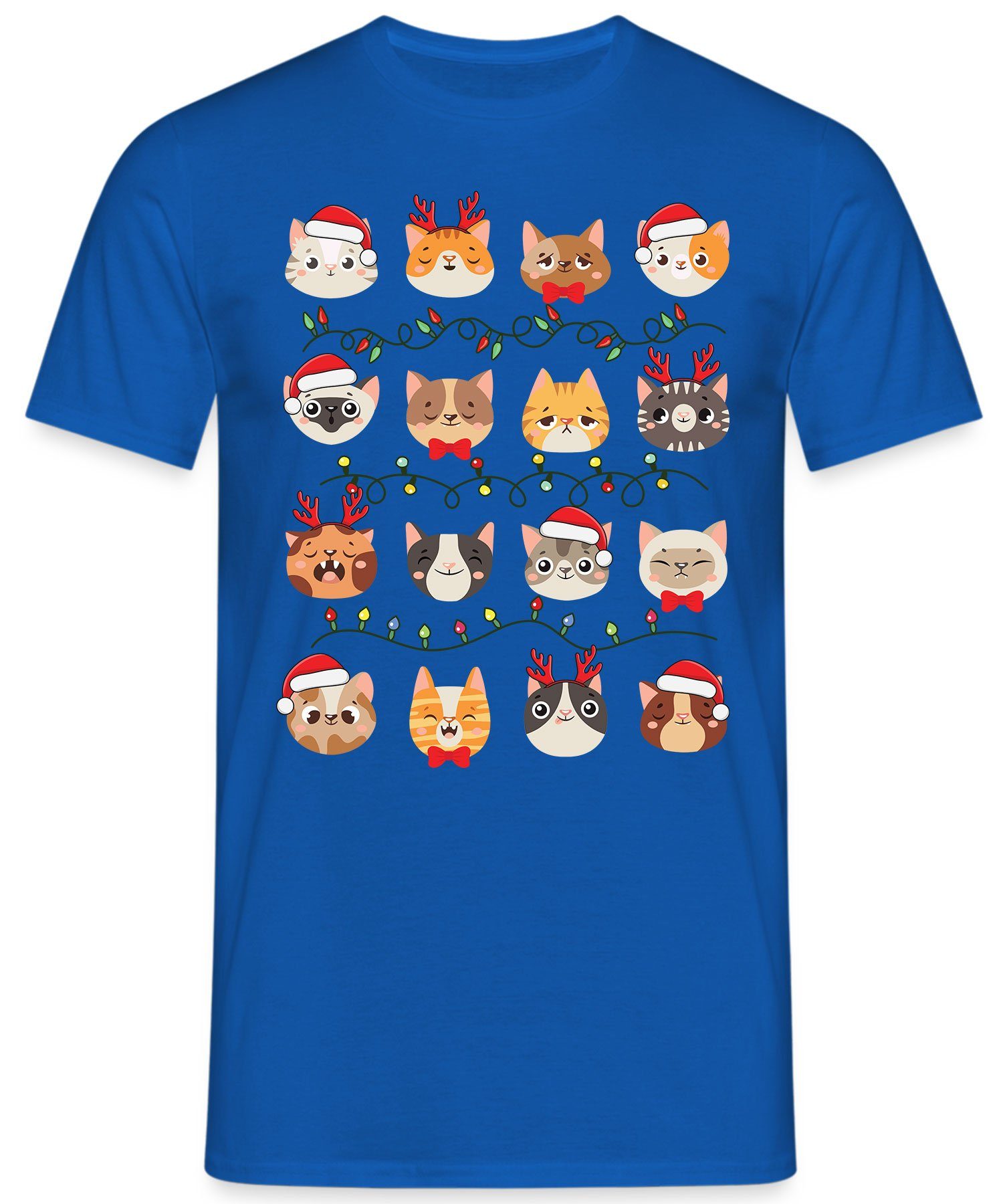 T-Shirt (1-tlg) Formatee Herren Blau Christmas - Weihnachten Katzen X-mas Lichterkette Kurzarmshirt Quattro