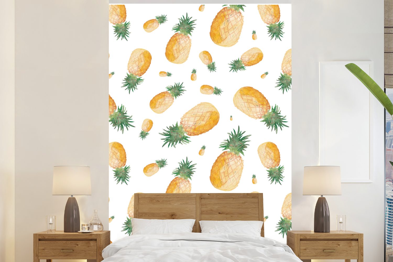 MuchoWow Fototapete Ananas - Aquarellfarbe - Muster, Matt, bedruckt, (3 St), Montagefertig Vinyl Tapete für Wohnzimmer, Wandtapete