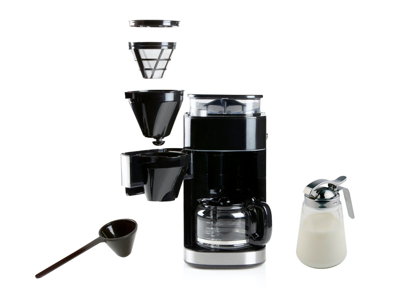 Domo Filterkaffeemaschine, 12 Tassen Glaskanne mit Timer & Mahlwerk für Bohnen, Pulver geeignet