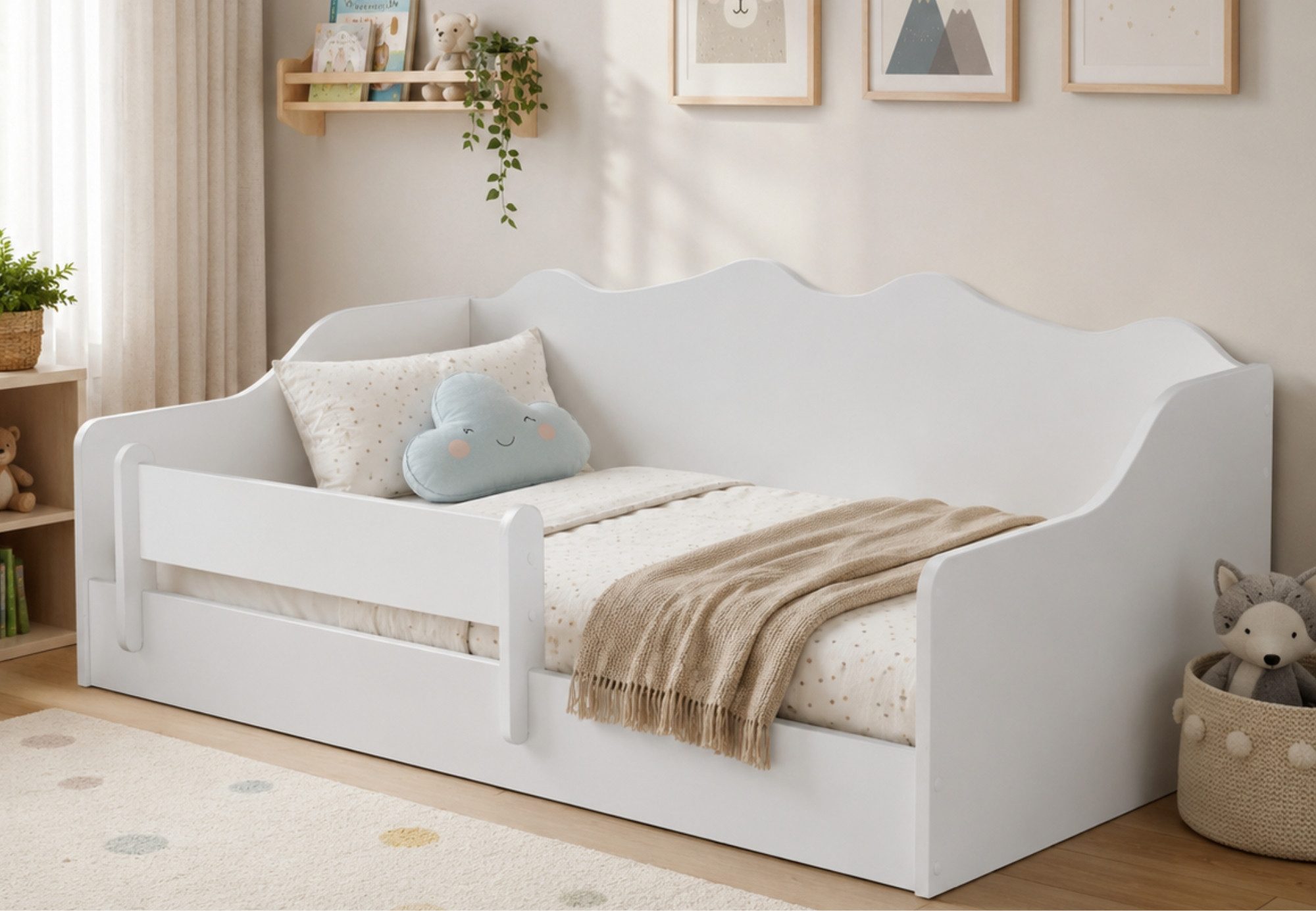 Kids Collective Kinderbett Bodenbett Bett mit Rausfallschutz & Lattenrost Montessori Bett Kinder (160x80 cm, Gitterbett, Jugendbett), wahlweise mit Matratze, stabiles Einzelbett für Kleinkinder, weiß