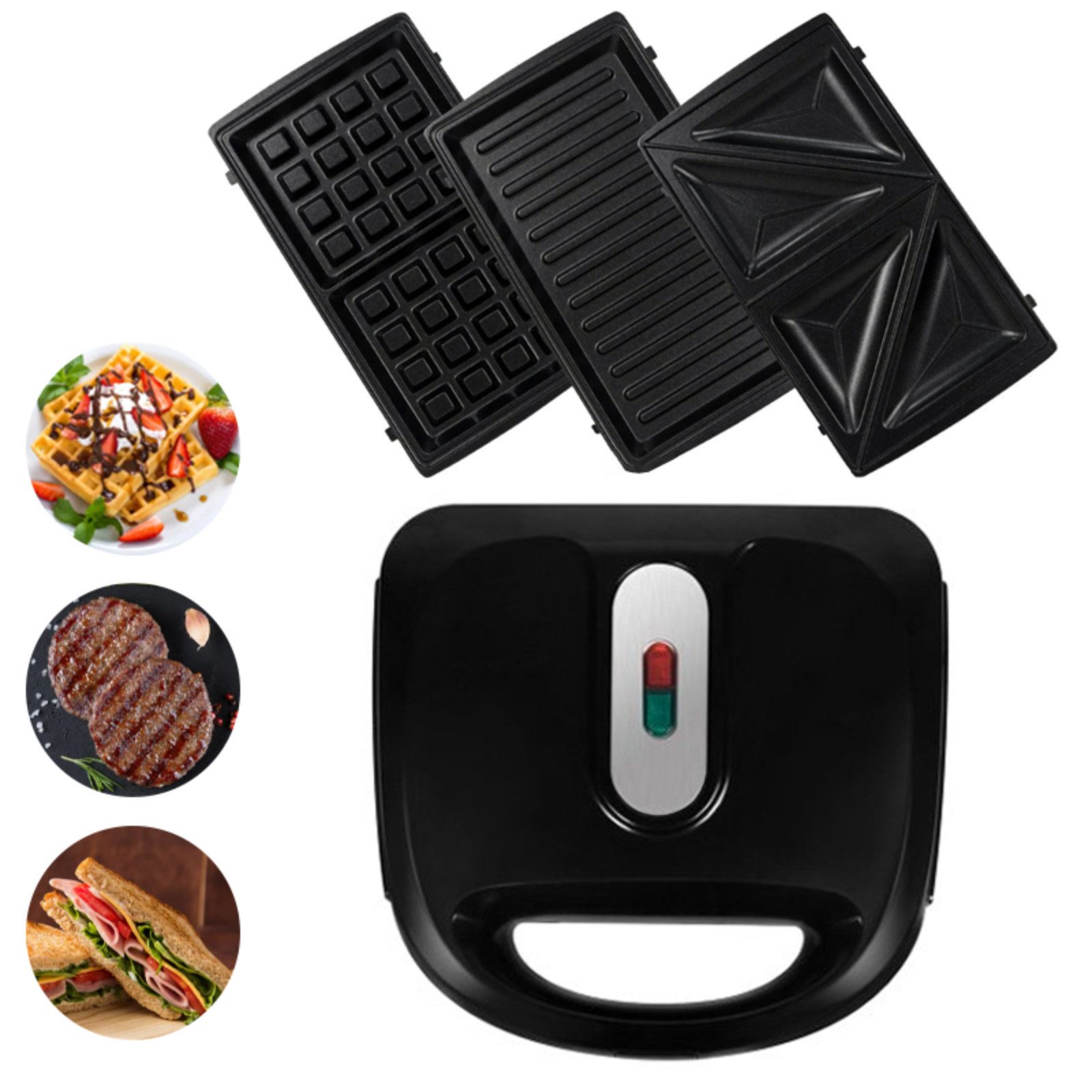 OZAVO 3-in-1-Sandwichmaker Sandwichtoaster, Waffeleisen,Kontaktgrill 23*23cm, 750 W, Antihaftbeschichtete abnehmbare Platten