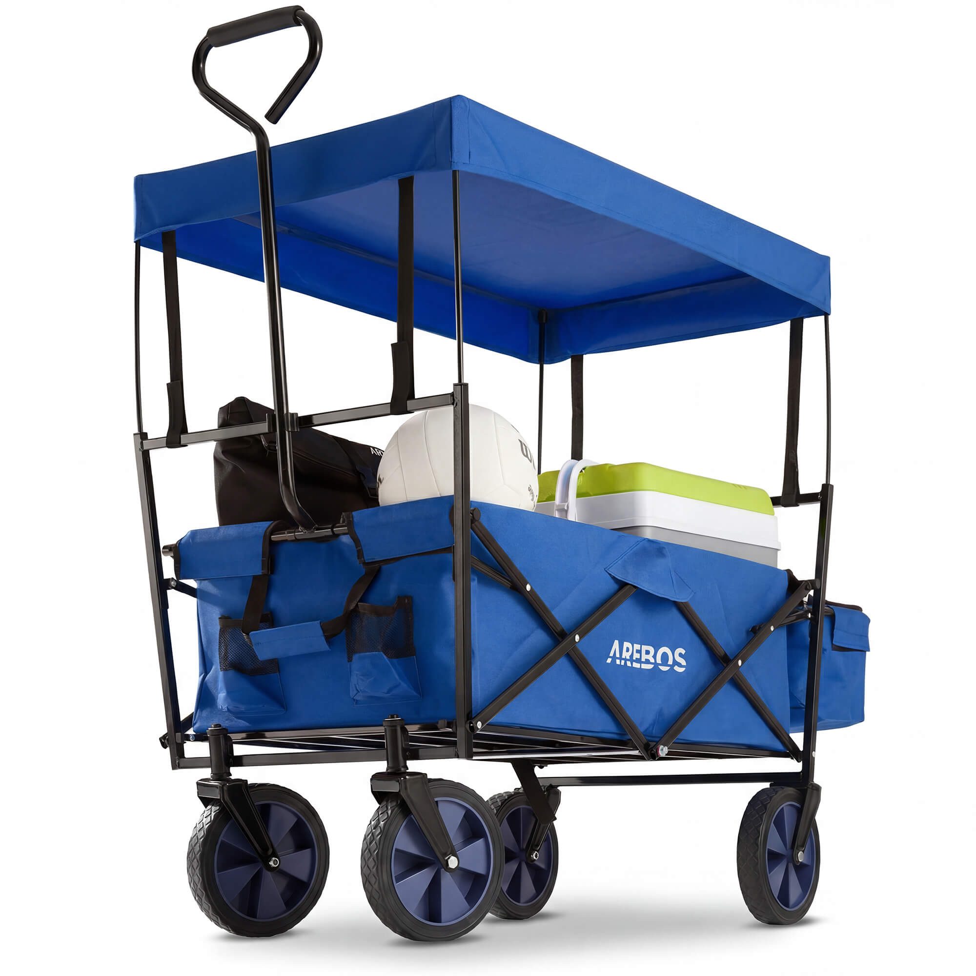 Arebos Bollerwagen ECO faltbar mit Dach, 70 kg Tragkraft für Garten, Camping & Ausflüge (Blau), Maße 117 x 55 x 125 cm