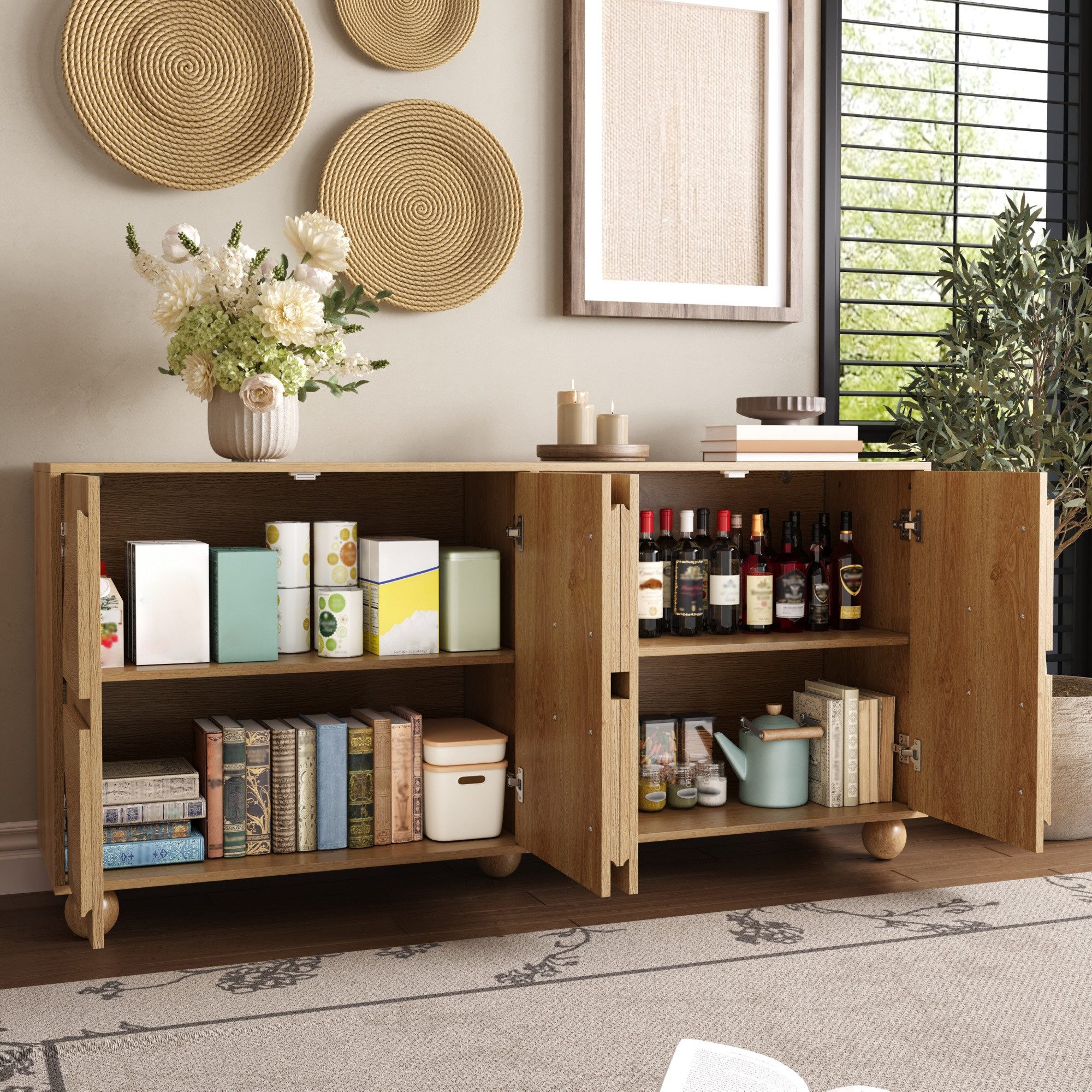BlingBin Sideboard Staurschrank Wohnzimmerschrank Flurschrank mit 4 Türen, Kreisrelief (2 Packung, 1 St., 4 Türen Aufbewahrungsschrank, verstellbaren Einlegeböden, Kugelfüße), Buffetschrank für Flur Eingangsbereich Wohnzimmer oder Küche
