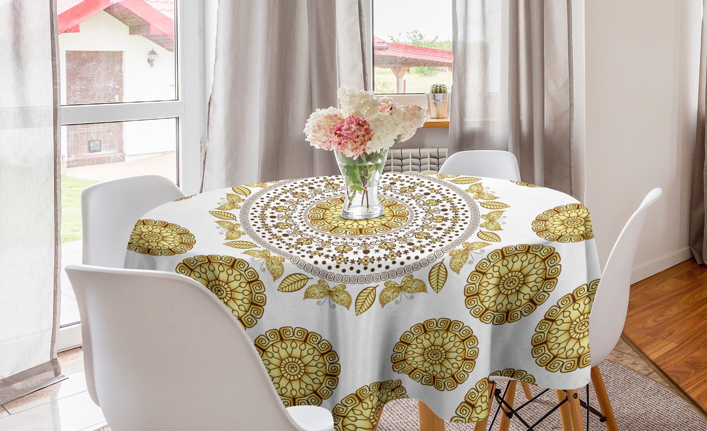 Abakuhaus Tischdecke Kreis Tischdecke Abdeckung für Esszimmer Küche Dekoration, Mandala natürliche Blätter