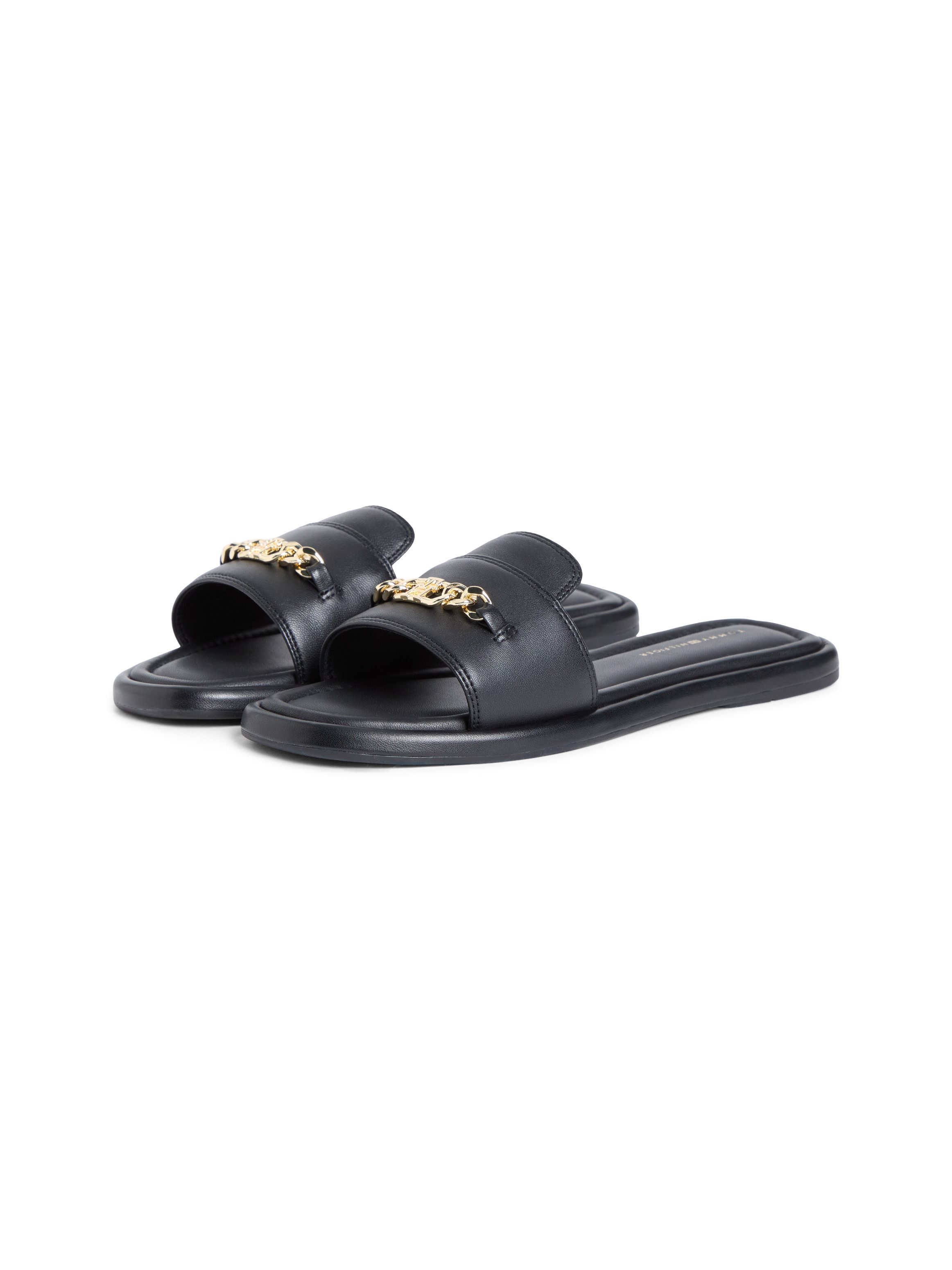 Tommy Hilfiger LEATHER HORSEBIT MULE Pantolette Sommerschuh, Schlupfschuh mit goldfarbener Zierkette