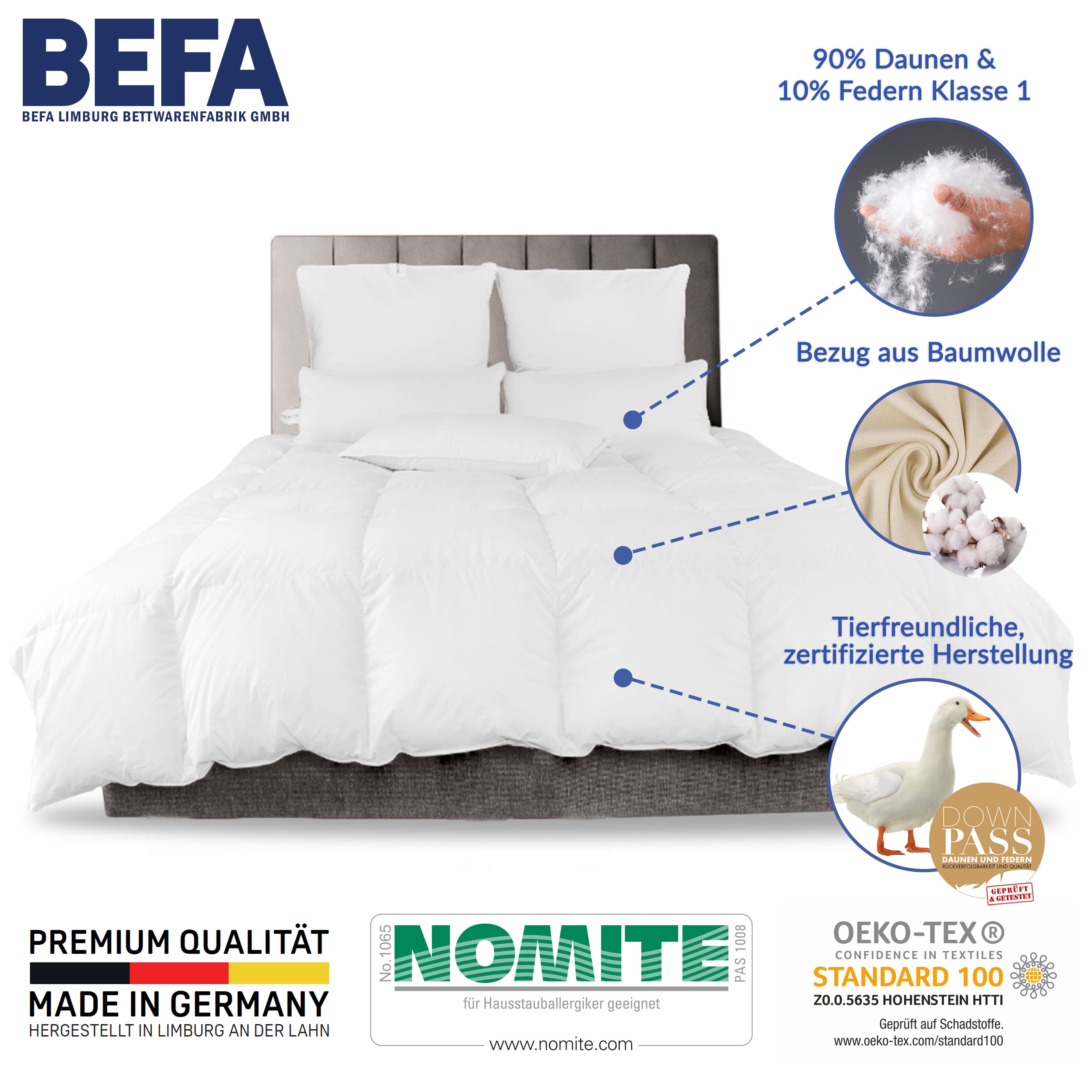BEFA geeignet 4-Jahreszeitendecke, kuschelig weiche 10% Federn, Germany Allergiker - Verarbeitung 90% Made in NATUR, Daunen, Premium-Ganzjahresdecke, - hochwertige Füllung: Daunenbettdecke,