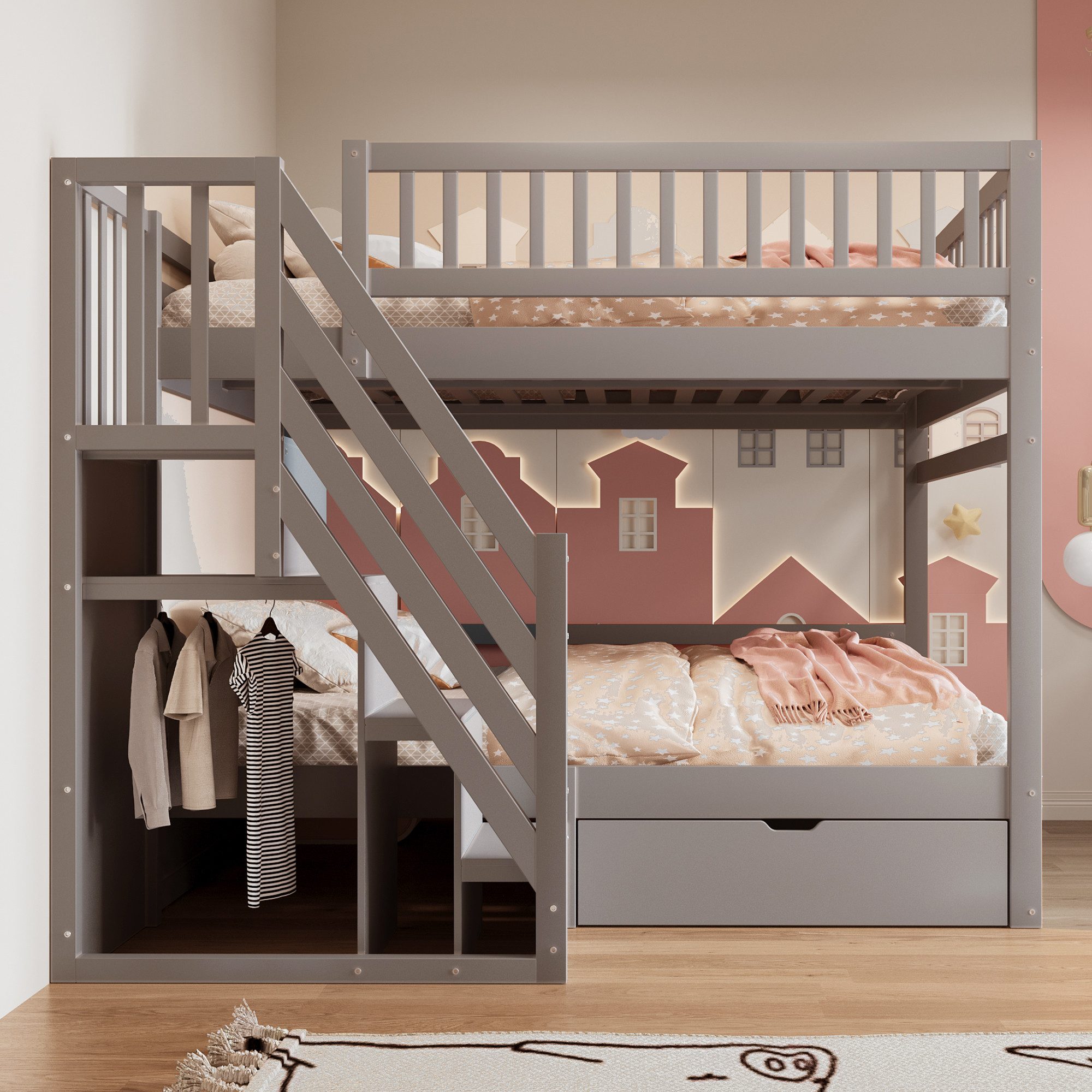 Flieks Etagenbett, Massivholz Kinderbett 140x200cm mit Stauraumtreppe und S günstig online kaufen