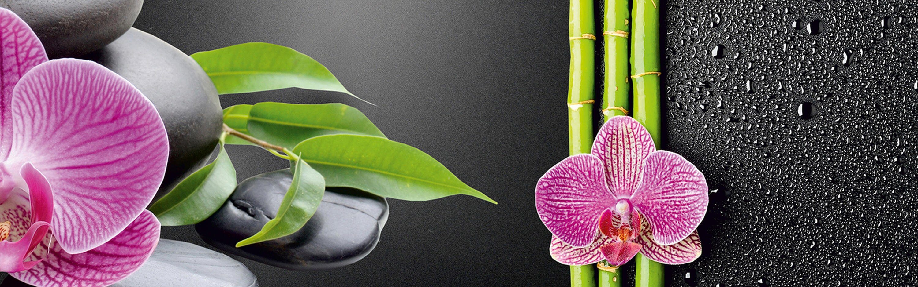 Magenta wandmotiv24 (1-tlg), Hartschaum Orchidee Küchenrückwand Größen in Steine Premium Bambus Tropfen, versch. Nischenrückwand