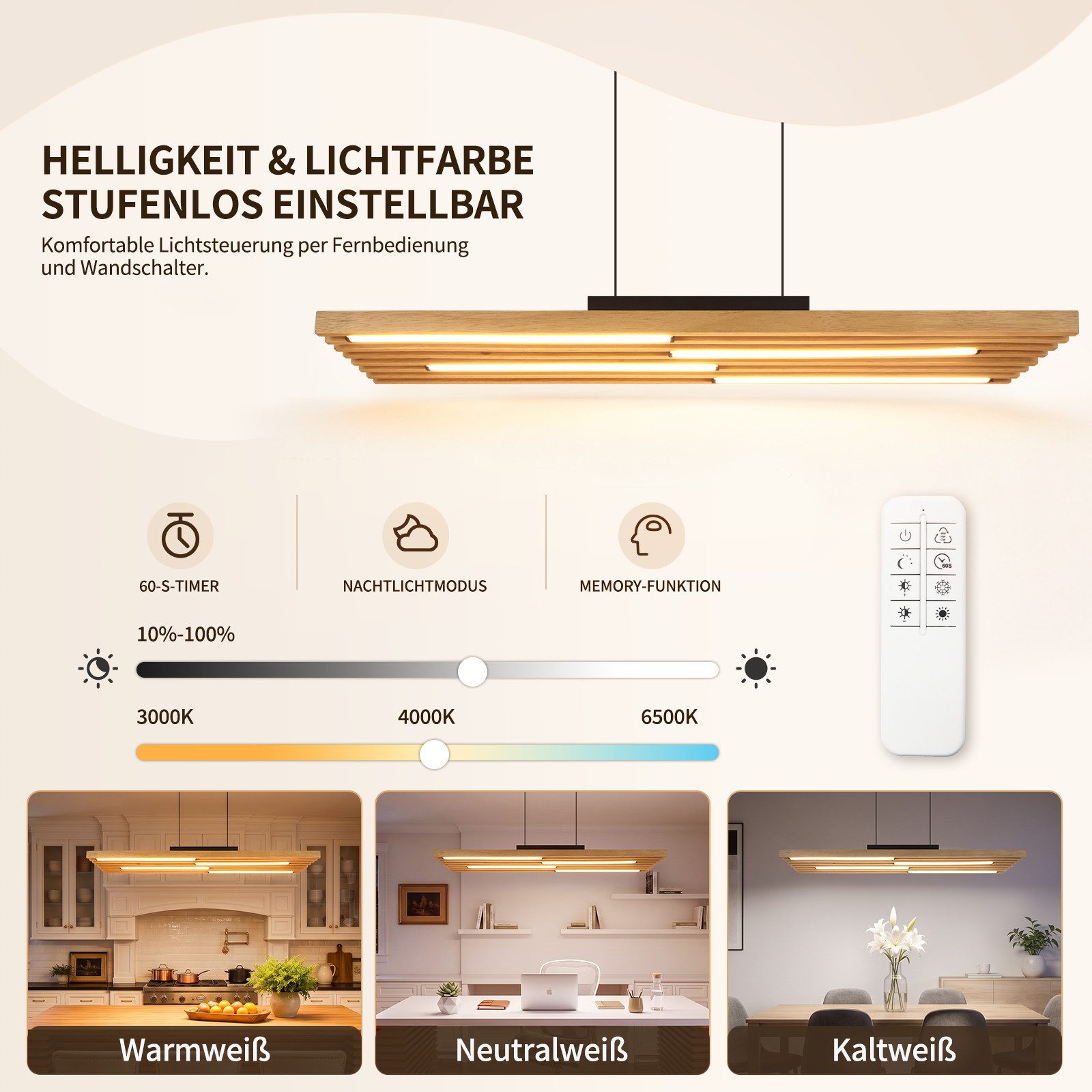 Nettlife LED Pendelleuchte Esstisch Holz,33W,dimmbar,Fernbedienung,Hängelampe Schwarz, 3000–6500K 80*15.5*120cm für Wohnzimmer Küche schlafzimmer esszimmer – Bild 2 von 5