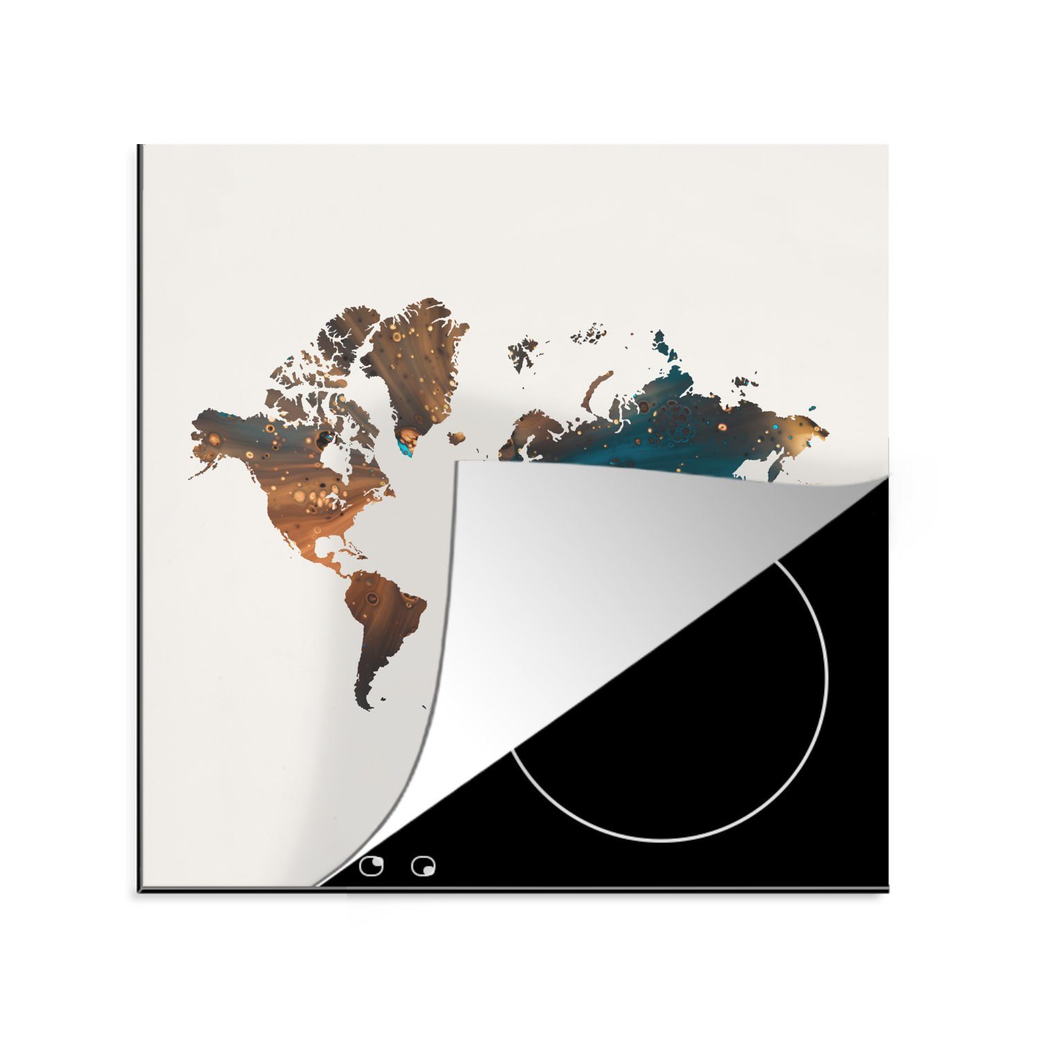 MuchoWow Herdblende-/Abdeckplatte Weltkarte - Blau - Orange, Vinyl, (1 tlg), 78x78 cm, Ceranfeldabdeckung, Arbeitsplatte für küche | Herdabdeckplatten
