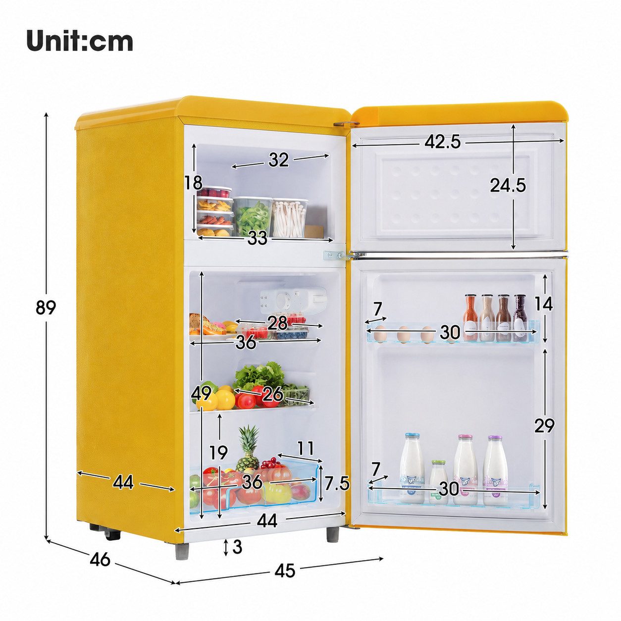 Blossom Kühl-/Gefrierkombination BCD-100C, 89 cm hoch, 45 cm breit, Retro Kühlschrank mit LED-Beleuchtung 21 L Gefrierfach Energieklasse E