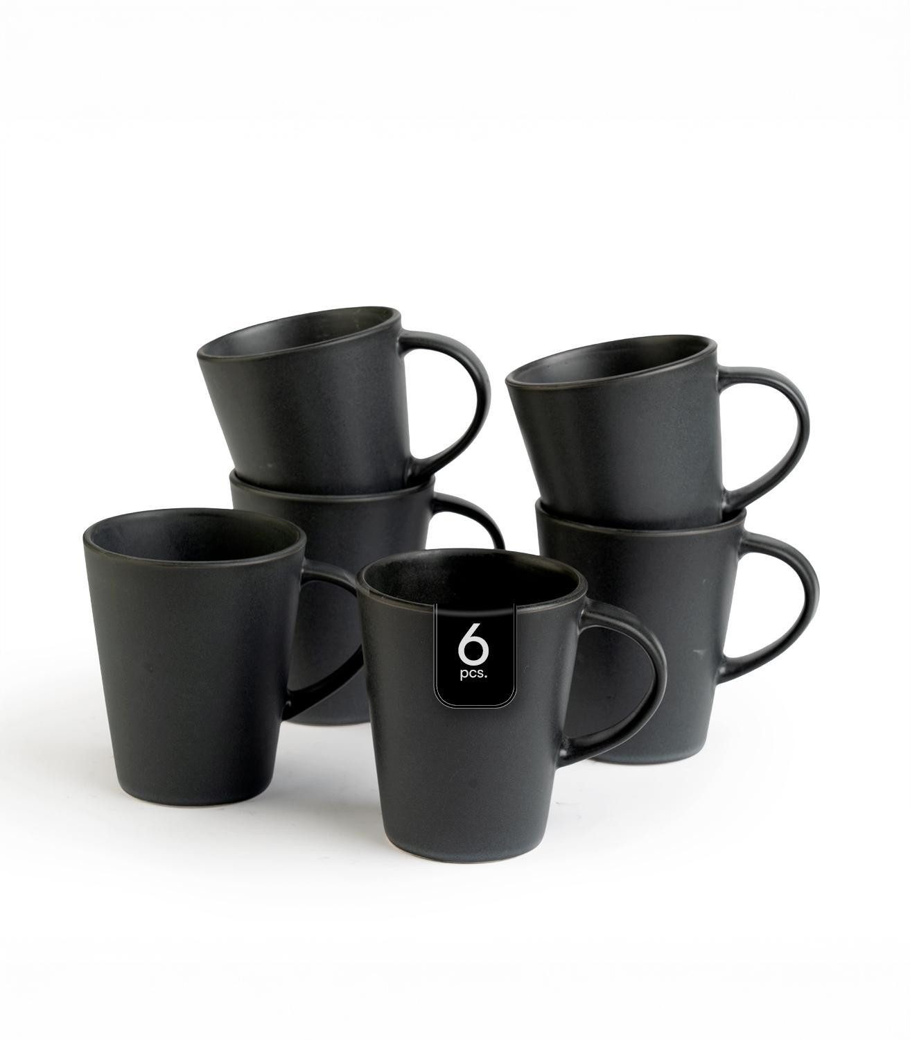 Home4You Becher, 6er Set, Kaffeebecher, Schwarz matt, 440 ml, Steingut