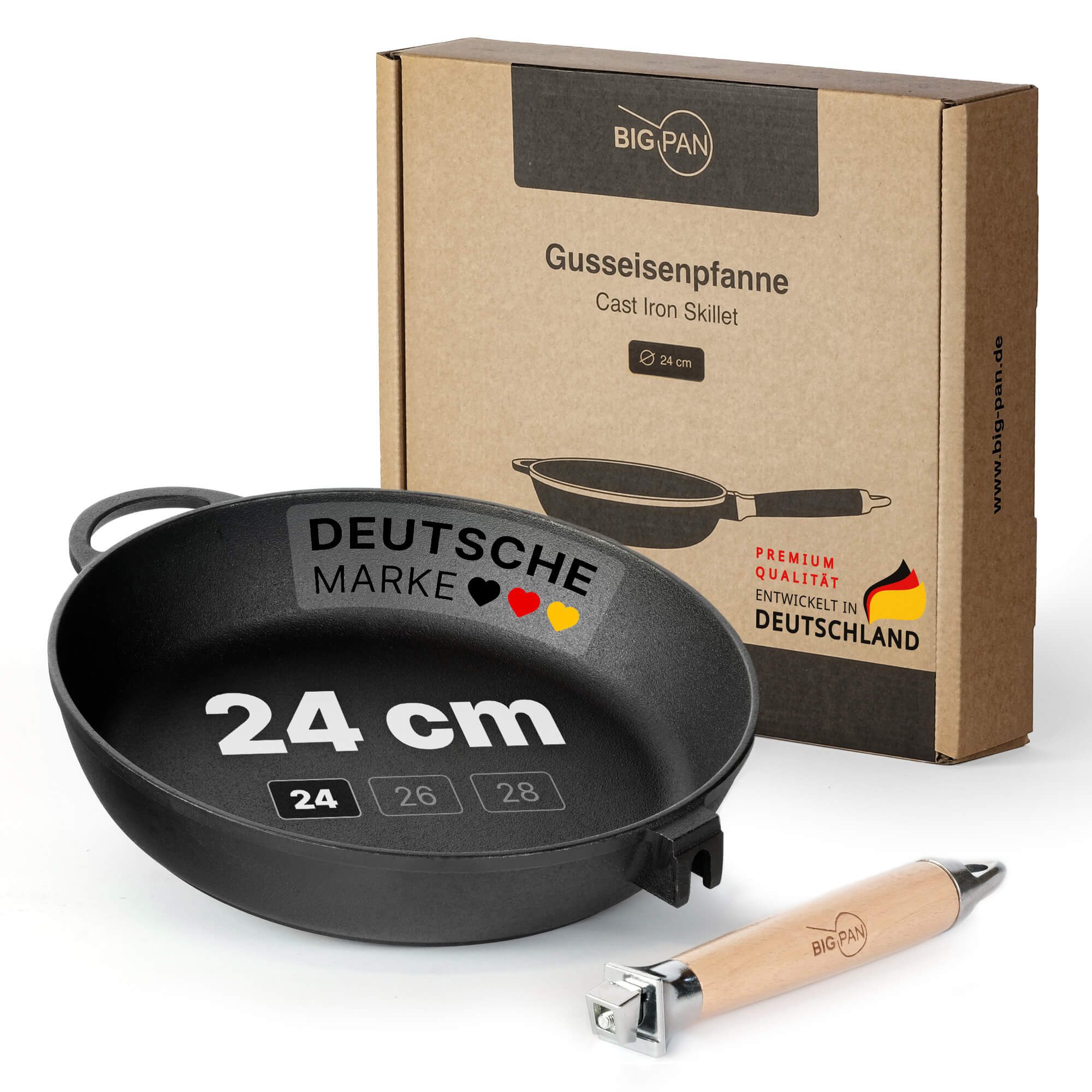 BIG-PAN Schmorpfanne Premium Gusseisenpfanne 24 cm tief Induktion mit abnehmbarem Holzgriff, Gusseisen (Pfanne Gußeisenpfanne Eisenpfanne, Cast Iron Pan), Induktion backofenfest UNBESCHICHTET