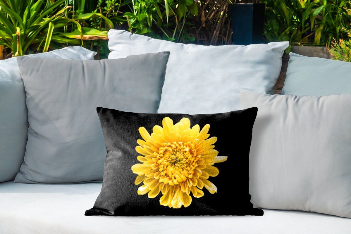 gelbe MuchoWow Eine Kissenhülle Outdoor-Dekorationskissen, Chrysantheme Dekokissen Polyester, Dekokissenbezug, schwarzem auf Hintergrund,