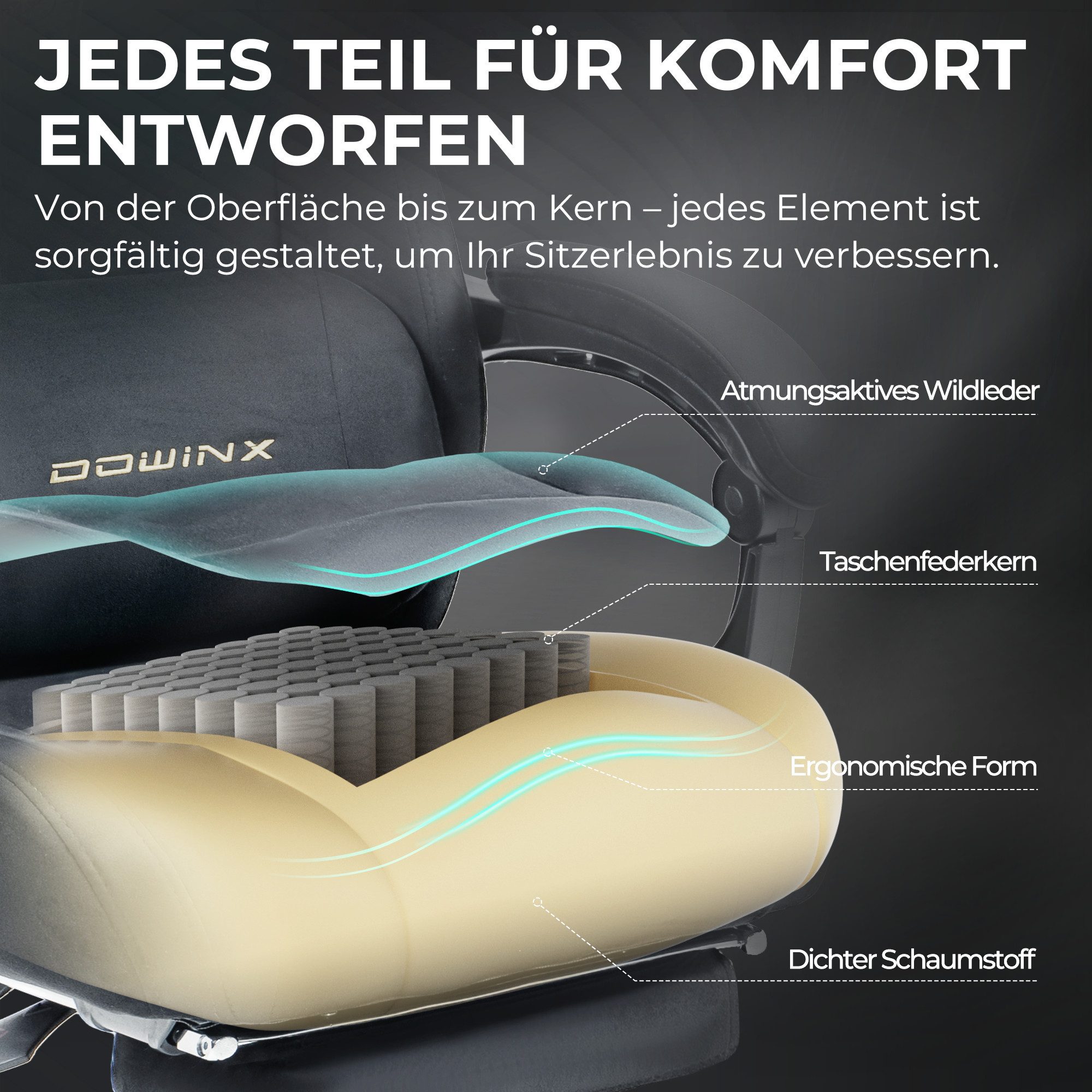 Dowinx Gaming-Stuhl Atmungsaktiver und Ergonomischer Bürostuhl aus Mikrofaser-Velours (Packung), Weiches Sitzgefühl, Verstellbarer Schreibtischstuhl mit Fußstüt – Bild 5 von 5
