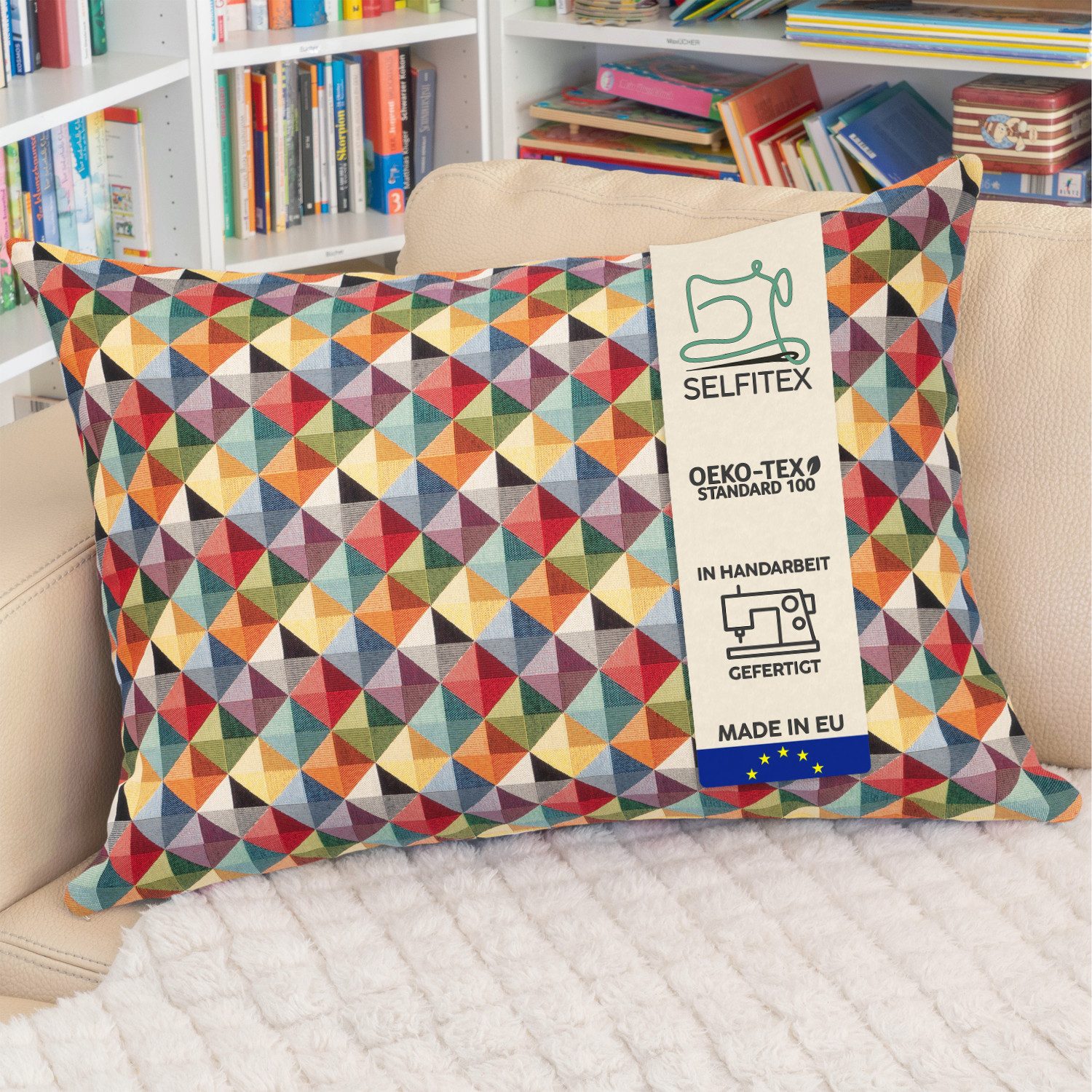 Selfitex Dekokissen XXL 60x80, inkl. Füllkissen, bunter Gobelin-Stoff, Sofakissen aus einer Baumwollmischung, für Bett und Couch.