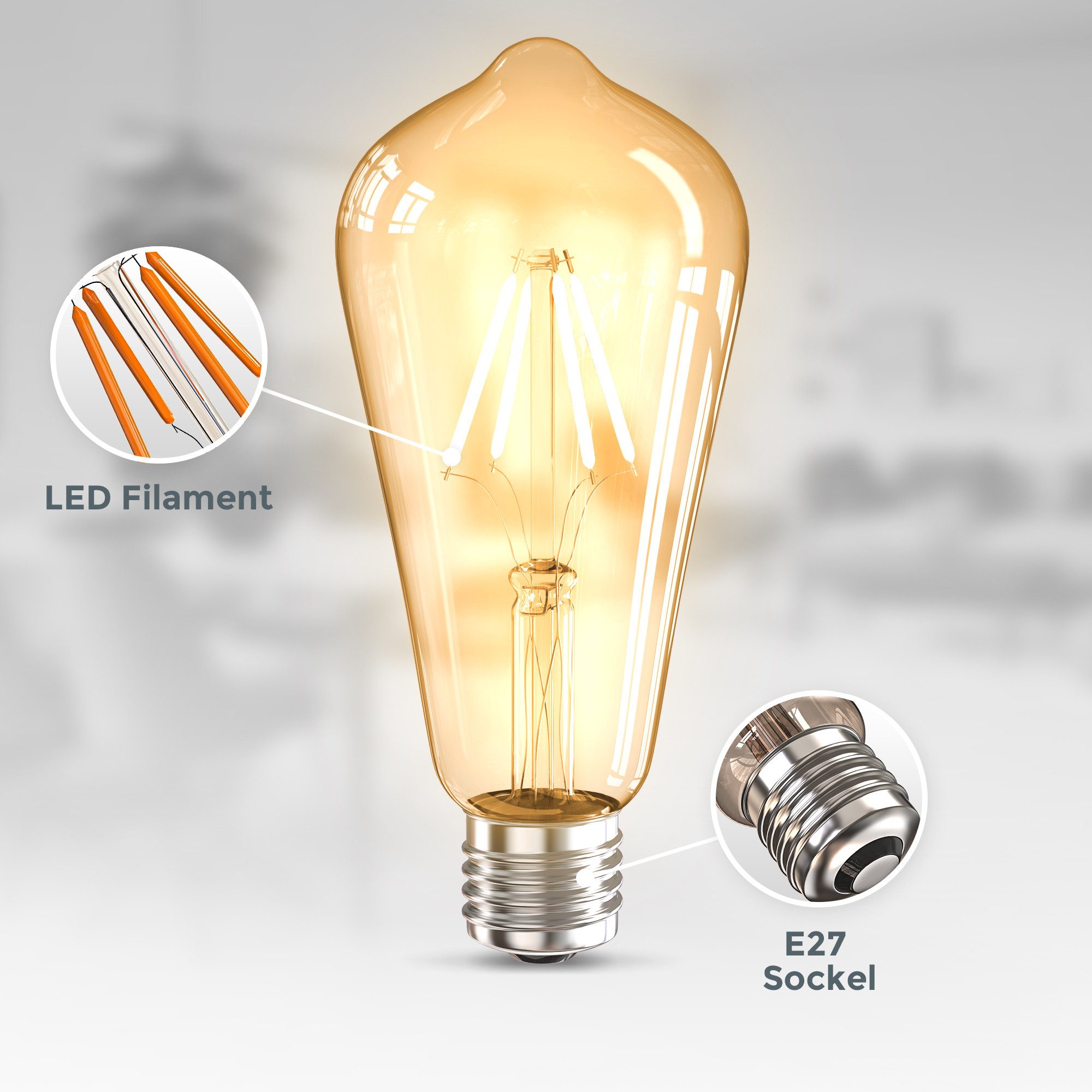 B.K.Licht LED-Leuchtmittel LED Leuchtmittel 6er Set E27 ST64, E27, 6 St., Warmweiß, 2.700 K Edison Vintage Glühbirne Filament
