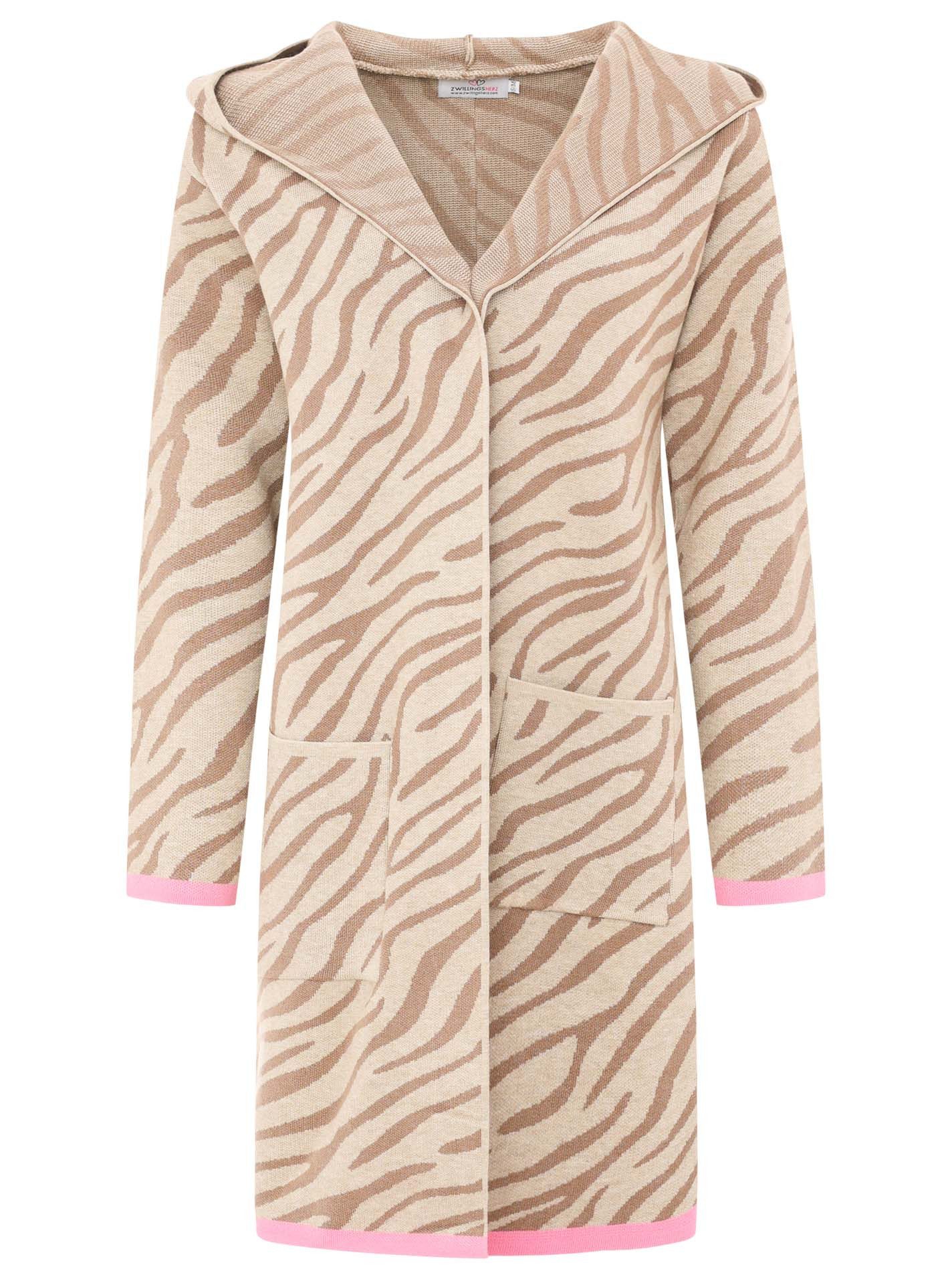 Zwillingsherz Strickjacke "Zebra" Animal-Muster, Kapuze, Langarm, Kontrast-Details