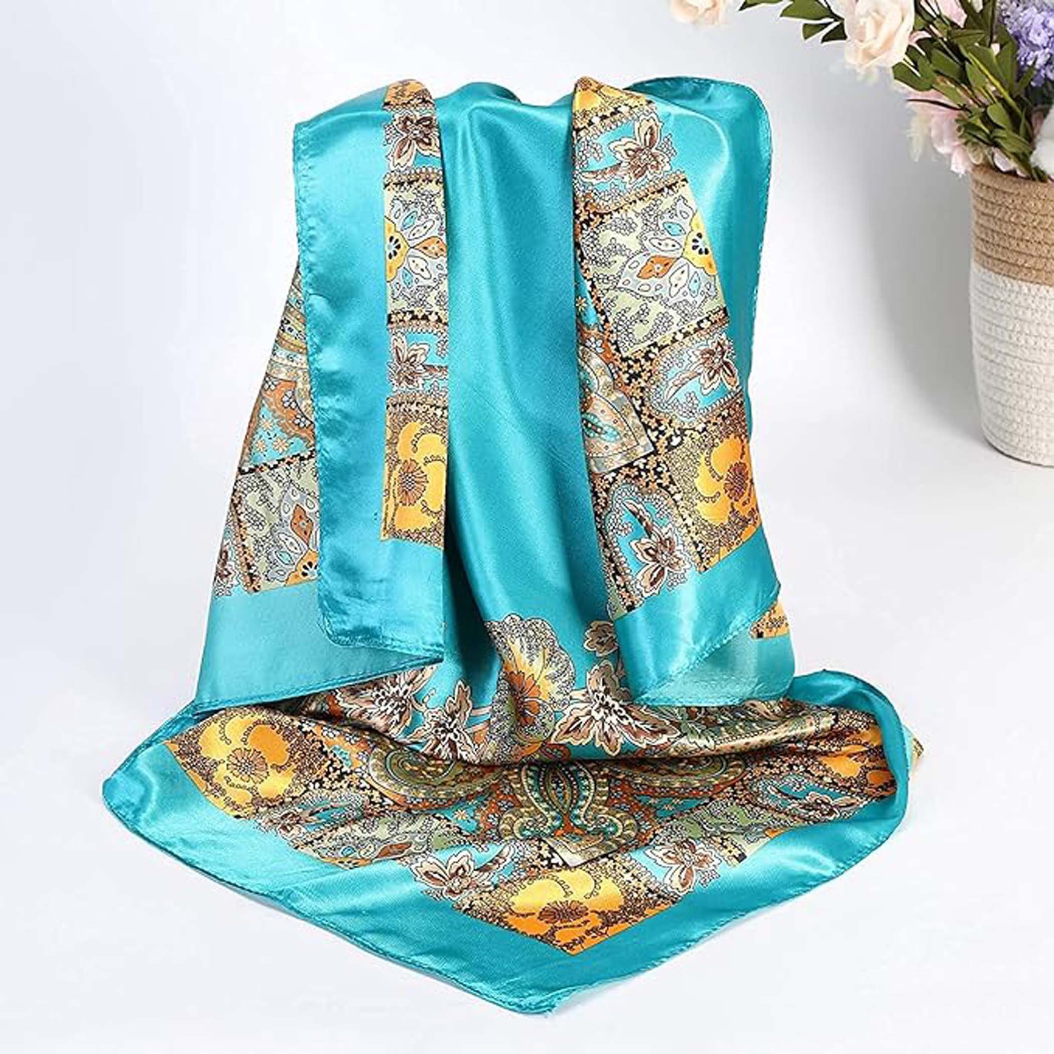 Bwecuy Seidentuch 4er Set Damen Halstücher 90×90 cm, Vintage Print Haar- & Kopftuch