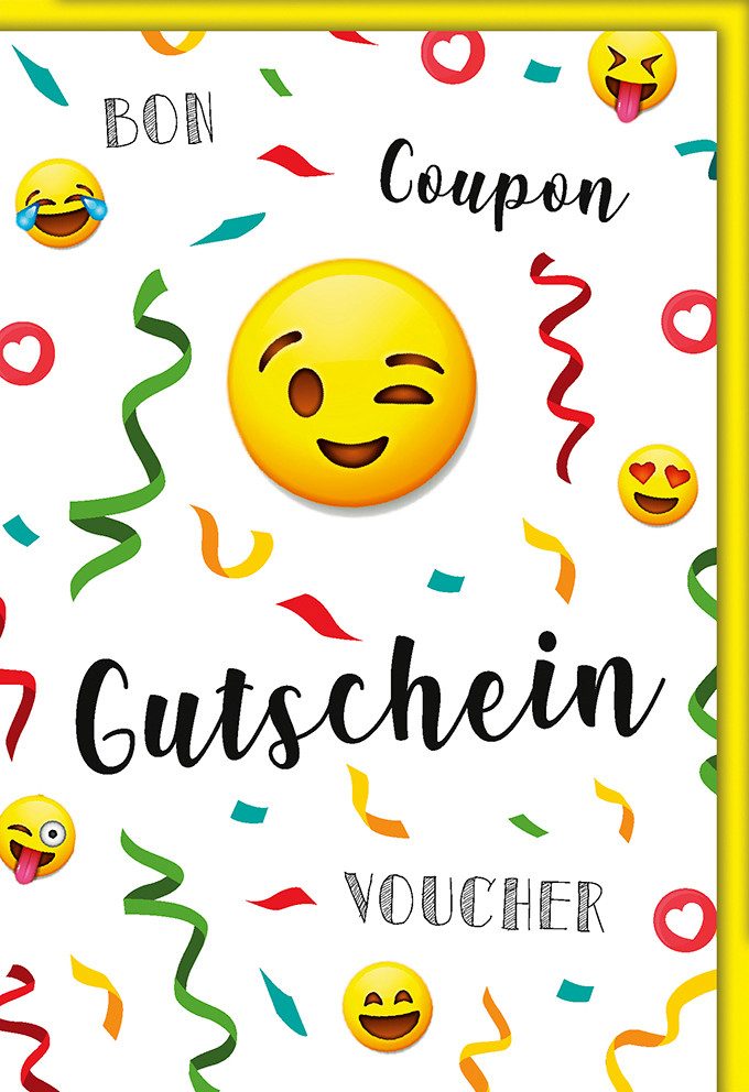 Grußkarten Gutschein - Karte mit Umschlag - Smiley, Luftschlangen