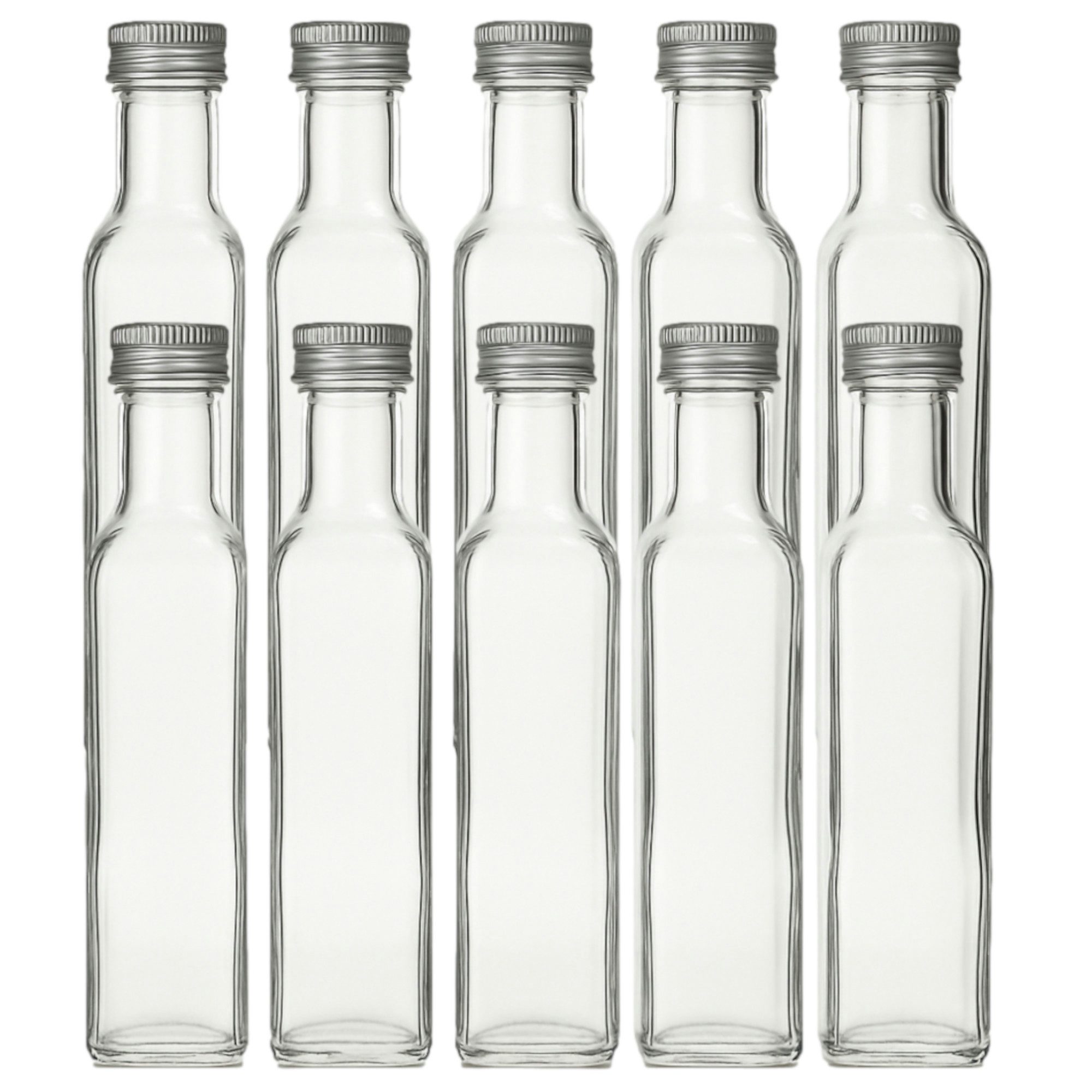 gouveo Trinkflasche Glasflaschen 250 ml Maraska mit Schraub-Deckel - Leere Likörflasche, 10er Set, silberfarben
