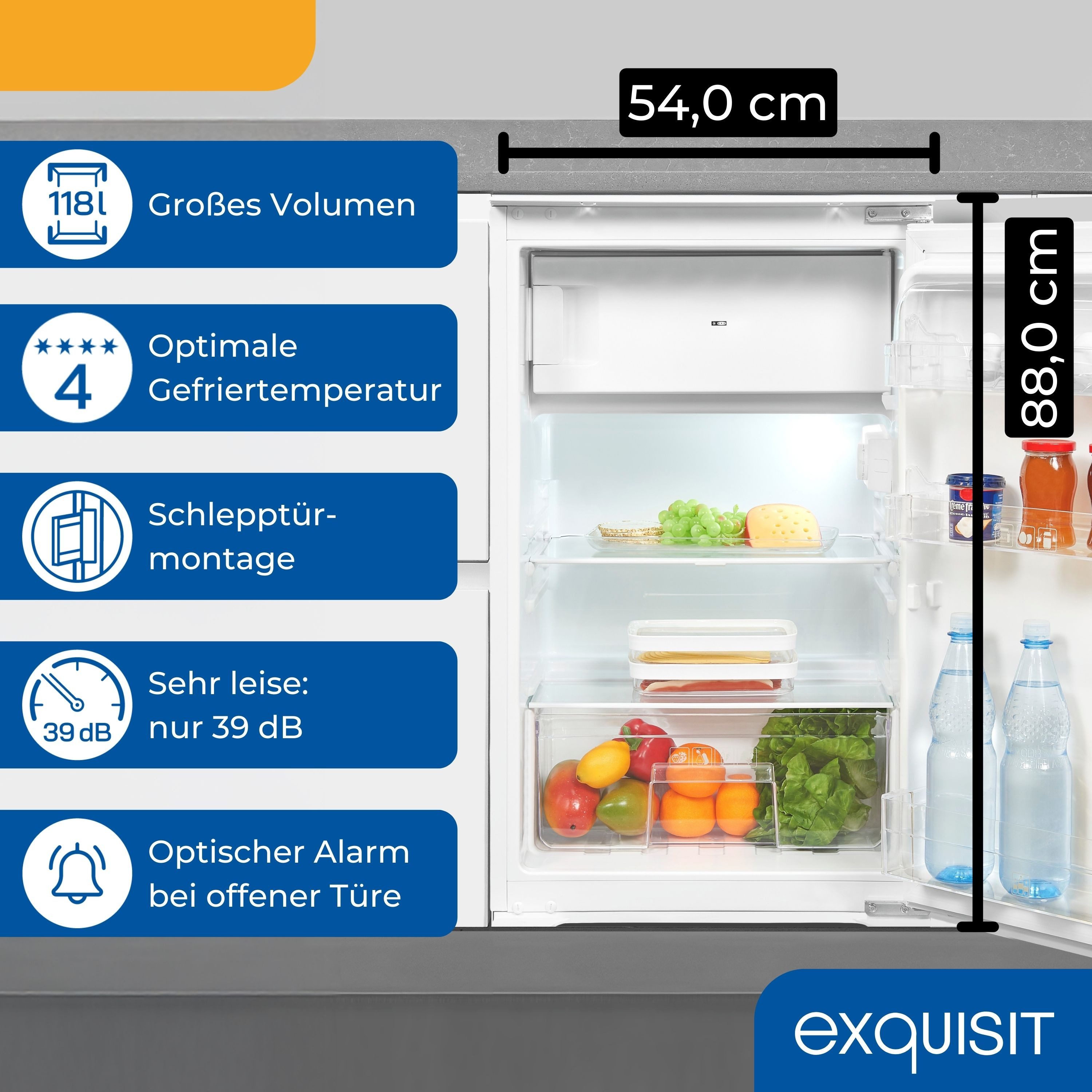 exquisit Einbaukühlschrank EKS5131-4-E-040E, 88 cm hoch, 54 cm breit, 4-Sterne-Gefrierfach, 118 Liter Nutzinhalt, Optische Alarmfunktion