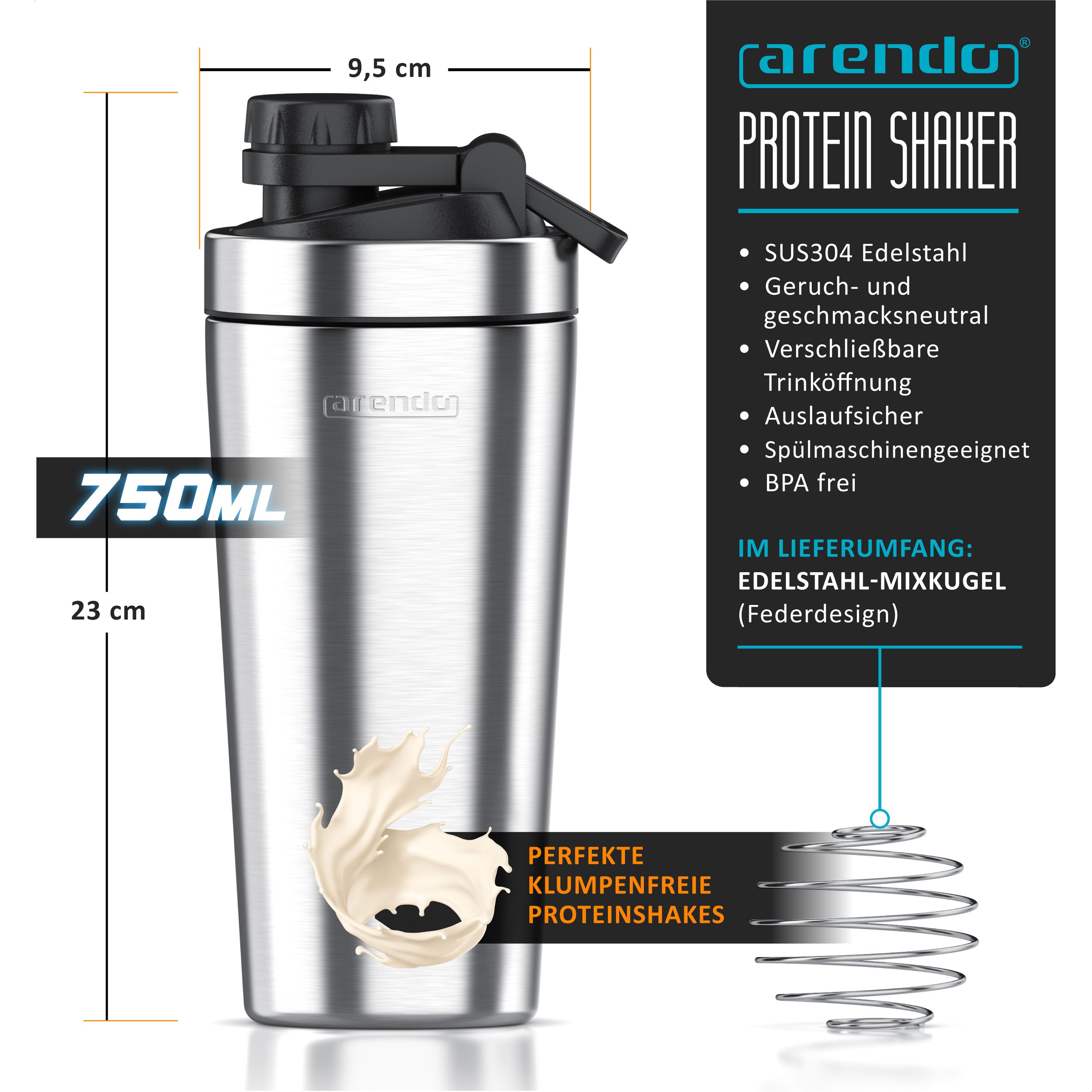 Arendo Protein Shaker Edelstahl Eiweißshaker 750 ml, verschließbar, bruchfest, BPA-frei, Edelstahl, (1-tlg), auslaufsicher, spülmaschinengeeignet, mit Tragegrif – Bild 2 von 5