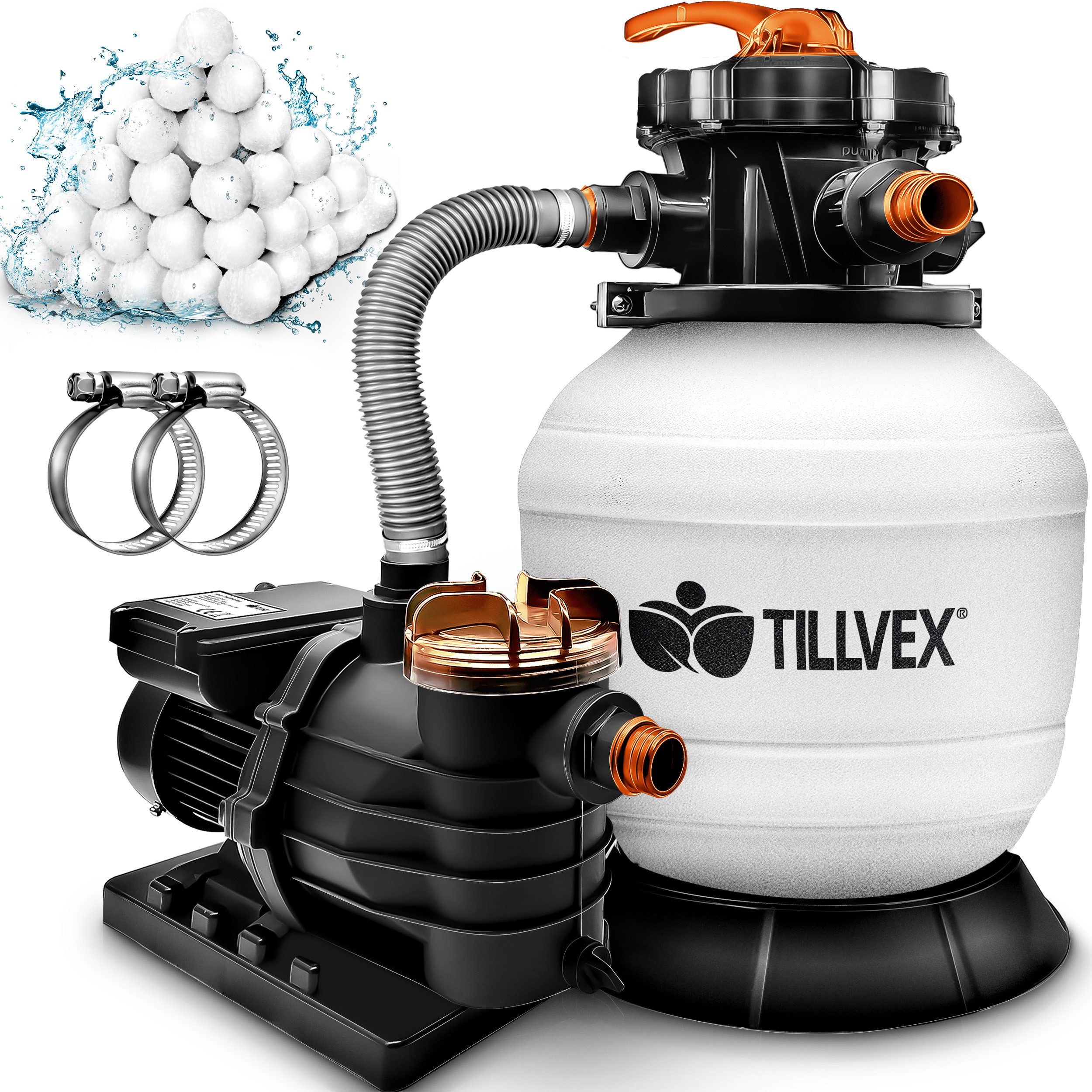 tillvex Sandfilteranlage 10 m³/h Filteranlage + 800g Filterbälle 7-Wege Ventil Poolfilter, Filterkessel mit Druckanzeige Sandfilter für Pool und Schwimmbecken