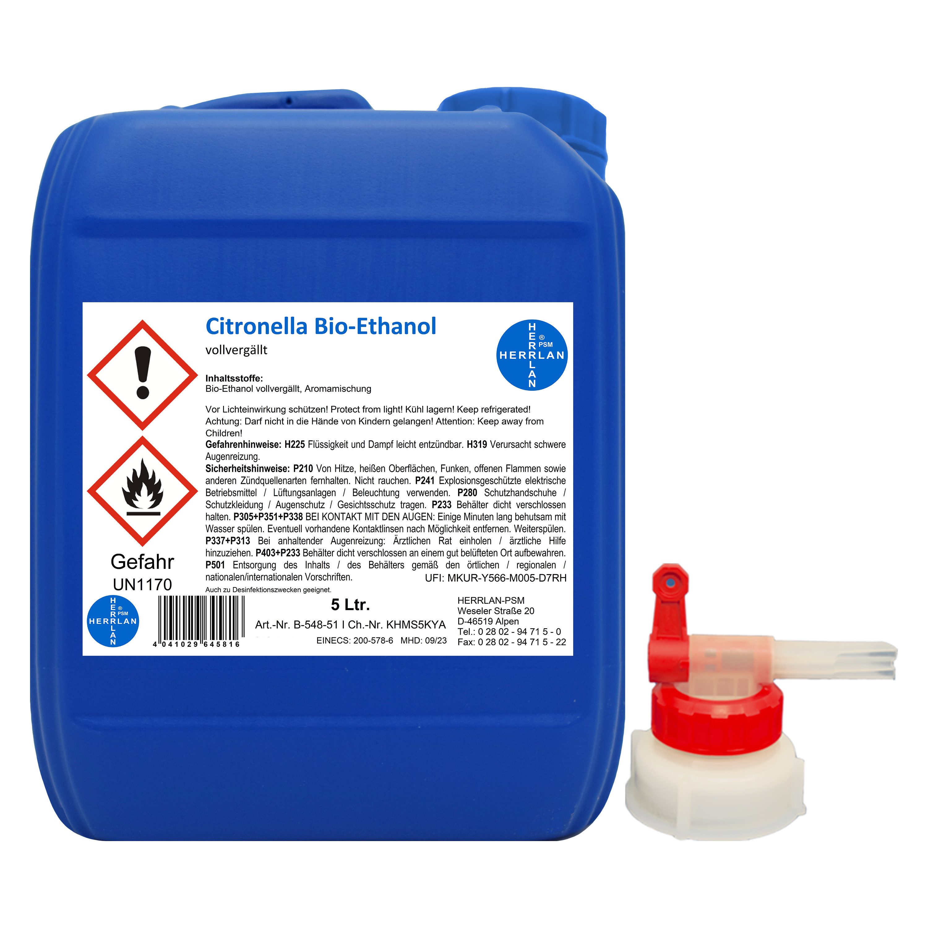 HERRLAN Bioethanol Citronella-Ethanol I Kamin-Ethanol I vollvergällt, 5 l, inkl. 1 x AGH I HERRLAN-Qualität I Made in Germany