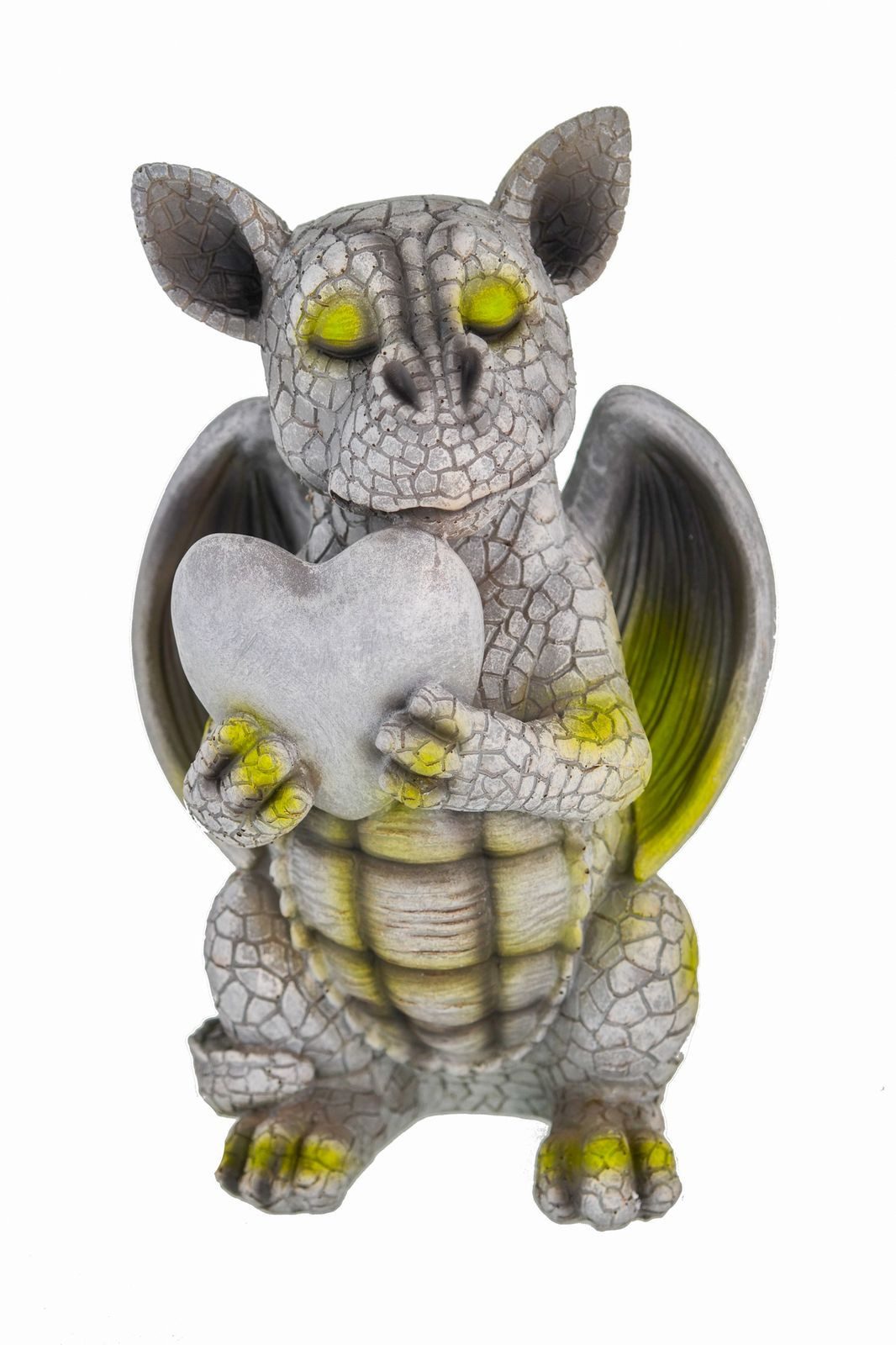 Kremers Schatzkiste Gartenfigur Drache Figur mit Herz 25 cm wetterfest Skulptur Handbemalt UV Schutz