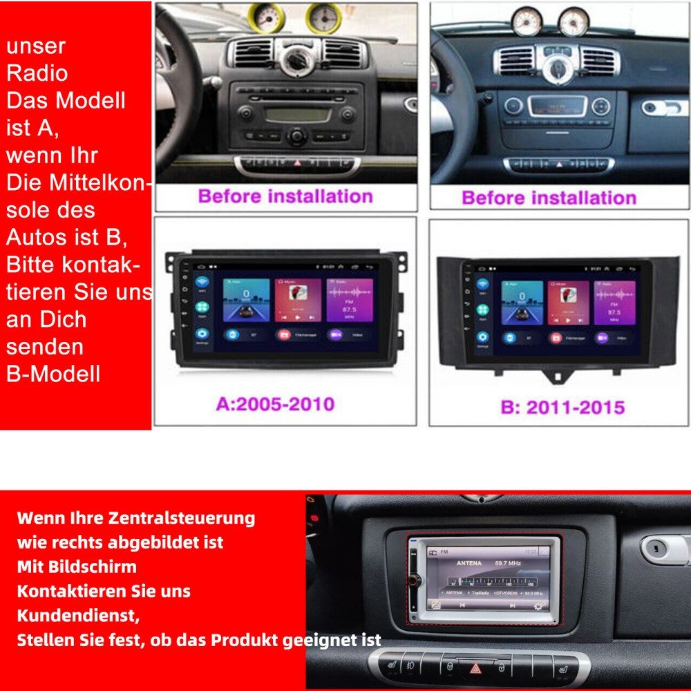 ESSGOO Für Mercedes Benz Smart Fortwo 451 2005-2015 Android 15 6+128G 8-Kern Navigationsgerät (Carplay Android Auto GPS Bluetooth FM AM RDS WIFI)